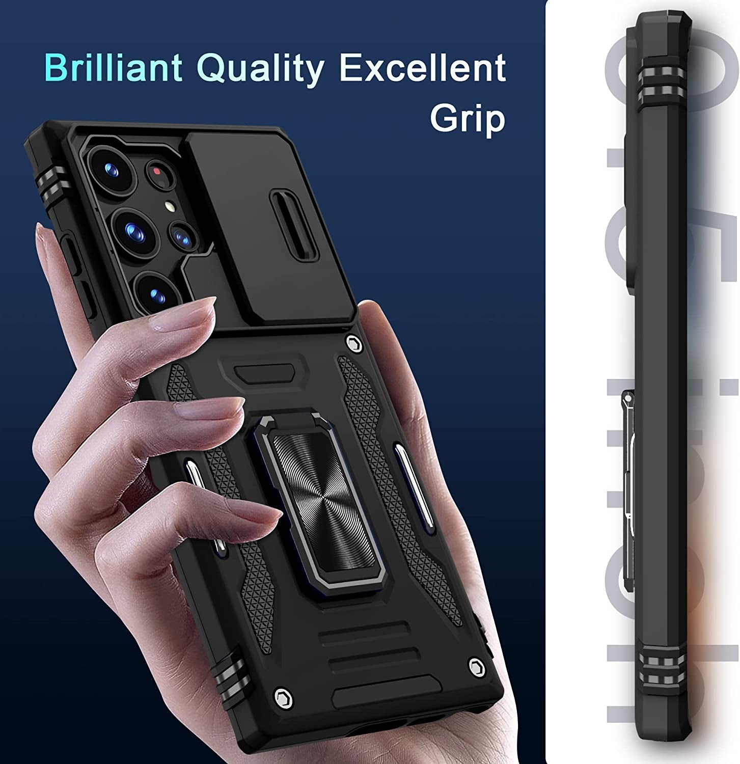 DEERLAMN for Samsung Galaxy S22 Ultra Case with Slide Camera Cover,Built-In Rotated Ring Kickstand [Full Camera Protection] [Military Grade] Heavy Duty Shockproof Protective Case Cover-Black  DEERLAMN   