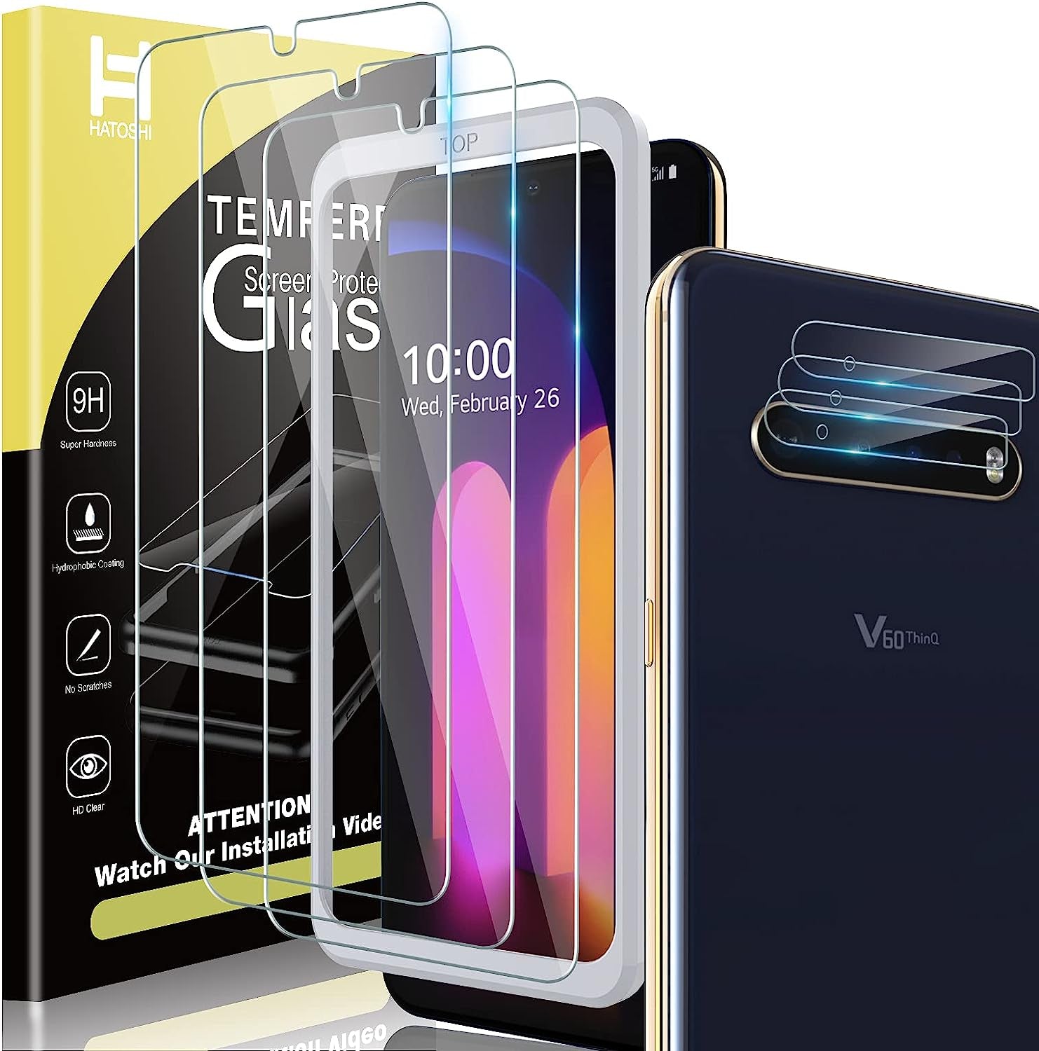HATOSHI 3 Pack Glass Screen Protector for LG V60 Thinq 5G with 3 Pack Camera Lens Protector, [HD Tempered Glass Film], Easy Installation Bubble Free, Case Friendly 9H Protective Glass for LG V60 Thinq  HATOSHI   