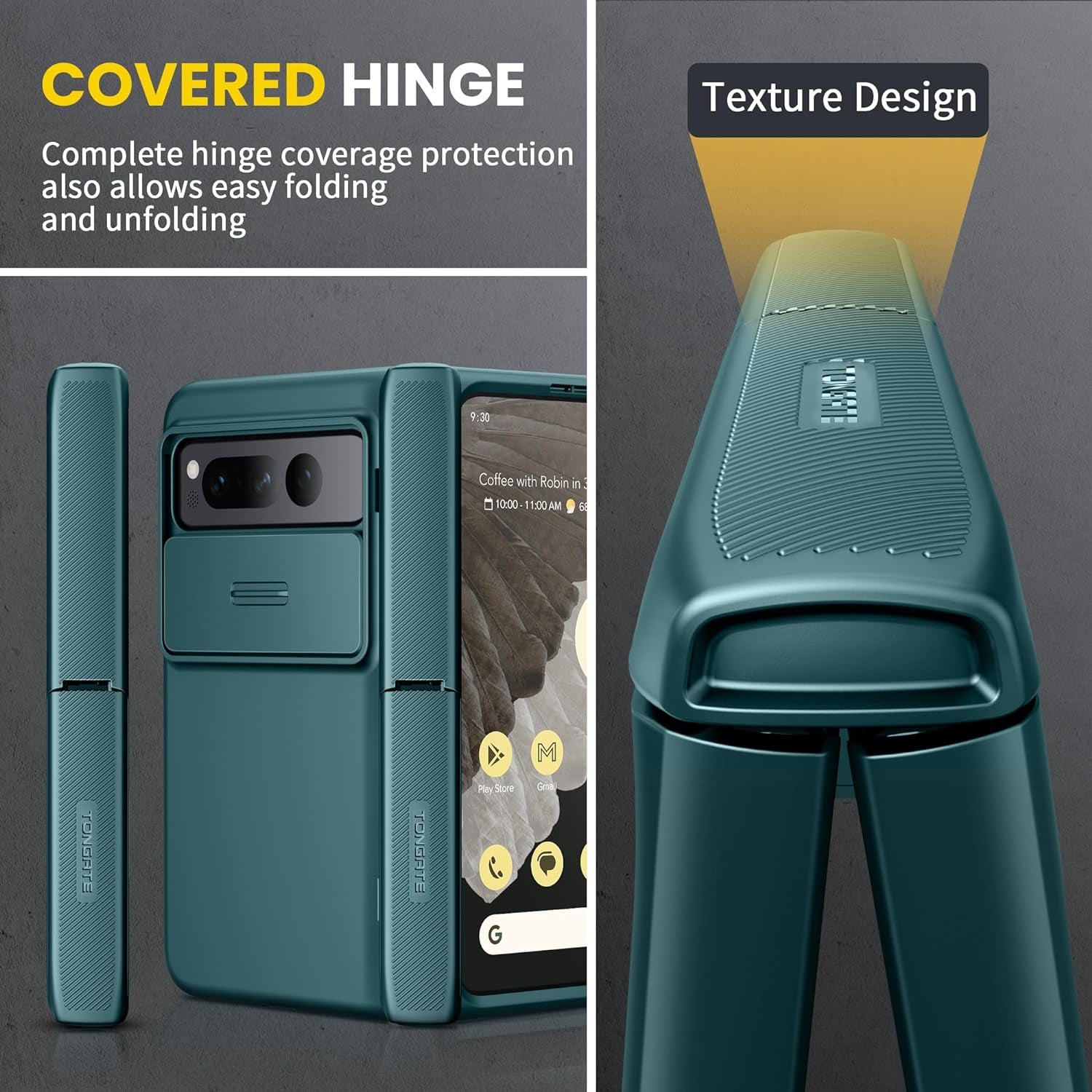 Tongate for Pixel Fold Case, [Built-In Slide Camera Cover & Screen Protector] [Hinge Protection] Military Grade Matte Phone Case with Hidden Kickstand for Google Pixel Fold 5G (2023), Green  Tongate   