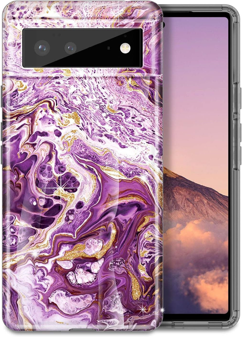 Btscase Gold Glitter Marble - Slim Shockproof Protective Cover for Google Pixel 6 (2021) - Blue/Drift Sand  Btscase Purple  