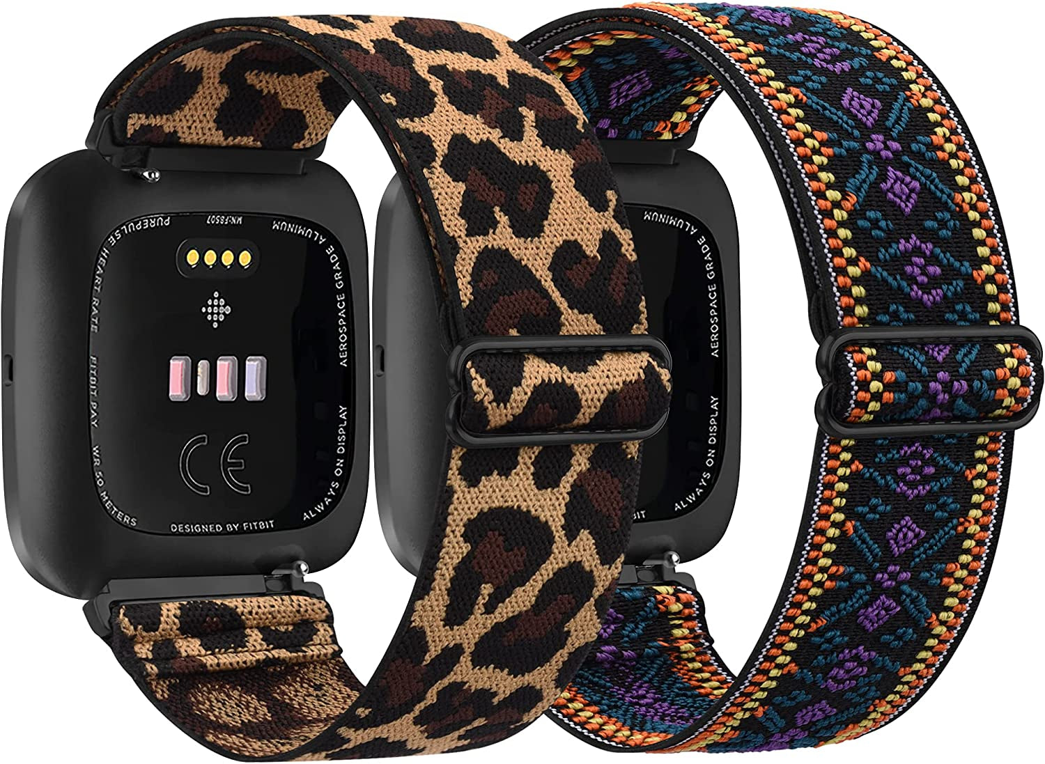 2 Pack Elastic Bands Compatible with Fitbit Versa 2 / Versa/Versa Lite/Versa SE for Women Men, Adjustable Nylon Sport Stretchy Wristband for Fitbit Versa/Versa 2 (Black+Leopard)  Meliya   