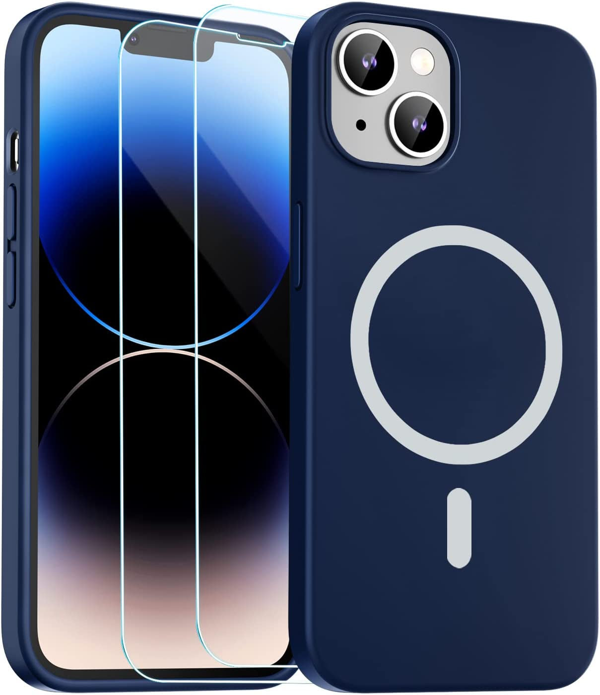 Zapica Liquid Silicone Magnetic for Iphone 14 Case, [Compatible with Magsafe] [With 2 Pack Glass Screen Protector] Anti-Scratch, Shockproof, Slim Soft Phone Case for Iphone 14, 6.1 Inch (Black)  zapica Navy Blue  