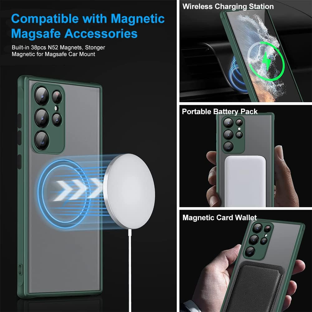 Hikerclub Galaxy S22 Ultra 5G Case, Compatible with Mag Safe Wireless Charger, Translucent Frosted Matte Back Soft Silicone Frame Military Grade Shockproof Case Cover for Galaxy S22Ultra Matte Green  HikerClub   