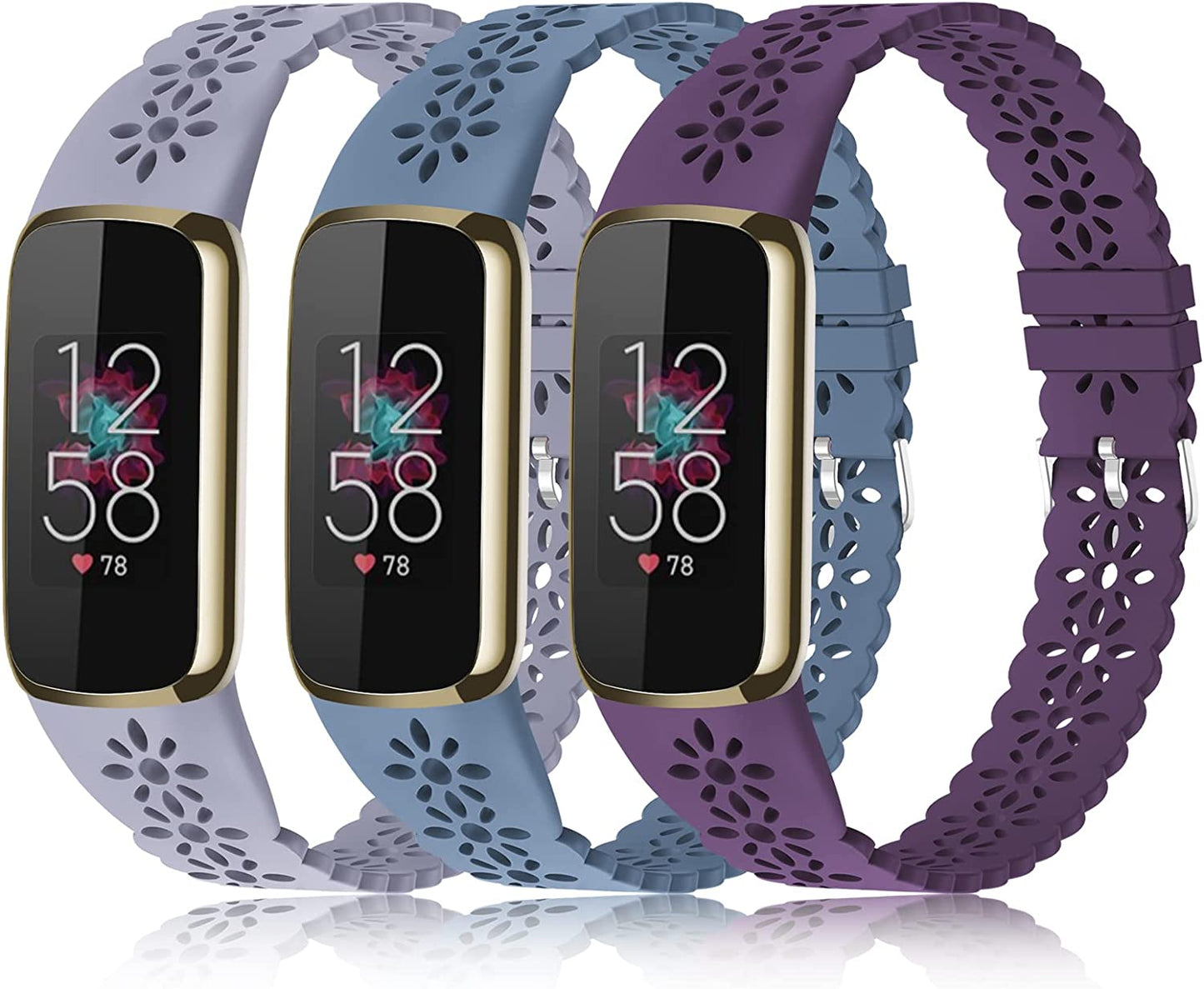 3 Pack Slim Sport Bands Compatible with Fitbit Luxe Band for Women, Soft Silicone Lace Thin Hollow-Out Replacement Wristbands Breathable Bands for Fitbit Luxe Fitness Smart Watch  Wewatri G-Lavender Gray/Alaskan-Blue/Purple Suits for 5.6"-7.1" Wrists 