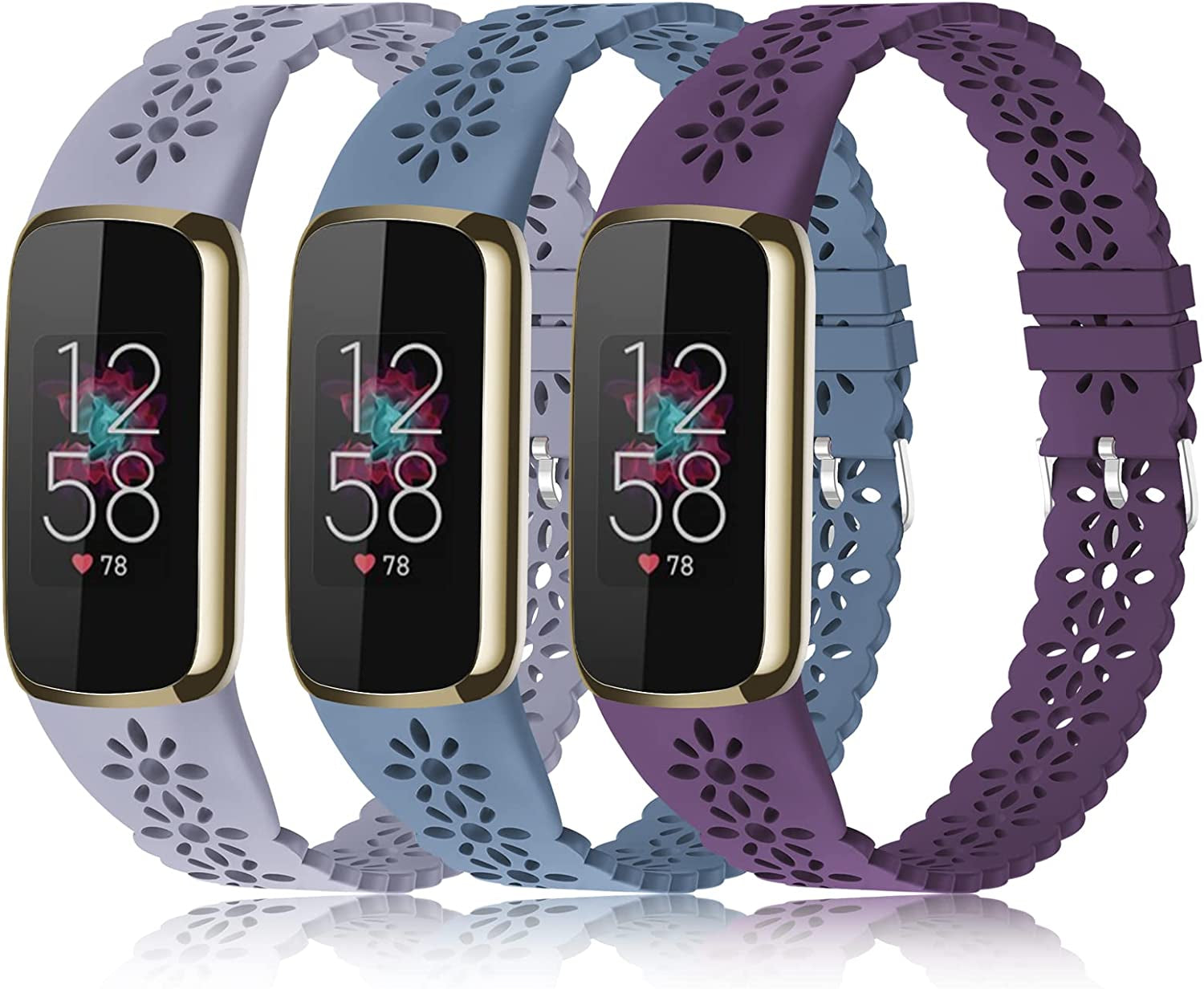 3 Pack Slim Sport Bands Compatible with Fitbit Luxe Band for Women, Soft Silicone Lace Thin Hollow-Out Replacement Wristbands Breathable Bands for Fitbit Luxe Fitness Smart Watch  Wewatri G-Lavender Gray/Alaskan-Blue/Purple Suits for 5.6"-7.1" Wrists 