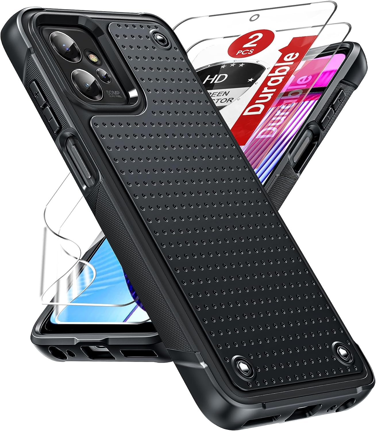 Leyi for Motorola-G-Power Case 2023 (XT2311): Moto G Power Phone Case with HD Screen Protectors, Heavy Duty Dual Layer Hard PC Textured Back & Soft Bumper Cover Case for Motorola G Power 2023, Red  LeYi Black  