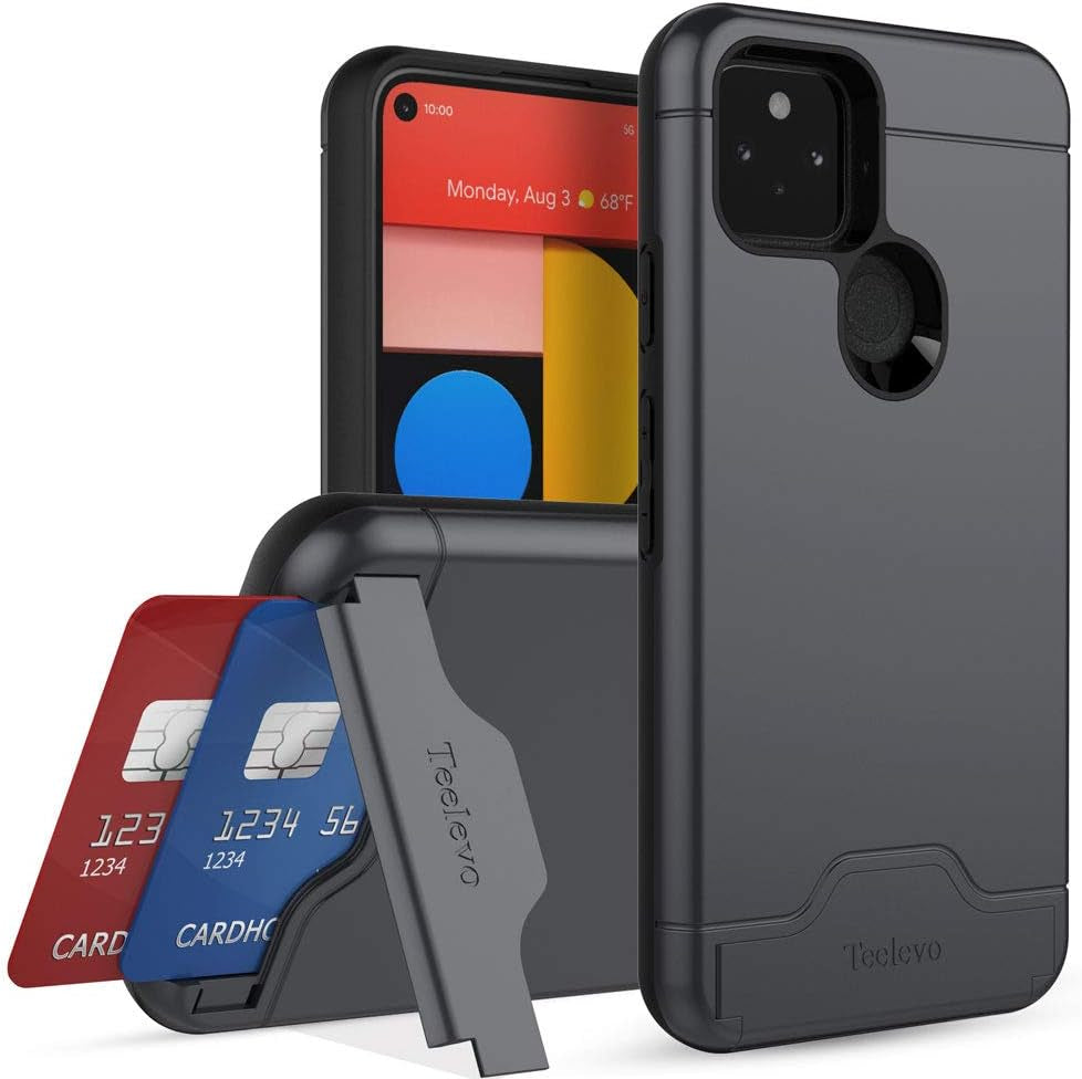 Teelevo Wallet Case for Google Pixel 5, Dual Layer Case with Card Slot Holder and Kickstand for Google Pixel 5 - Purple  Teelevo Dark Gray  