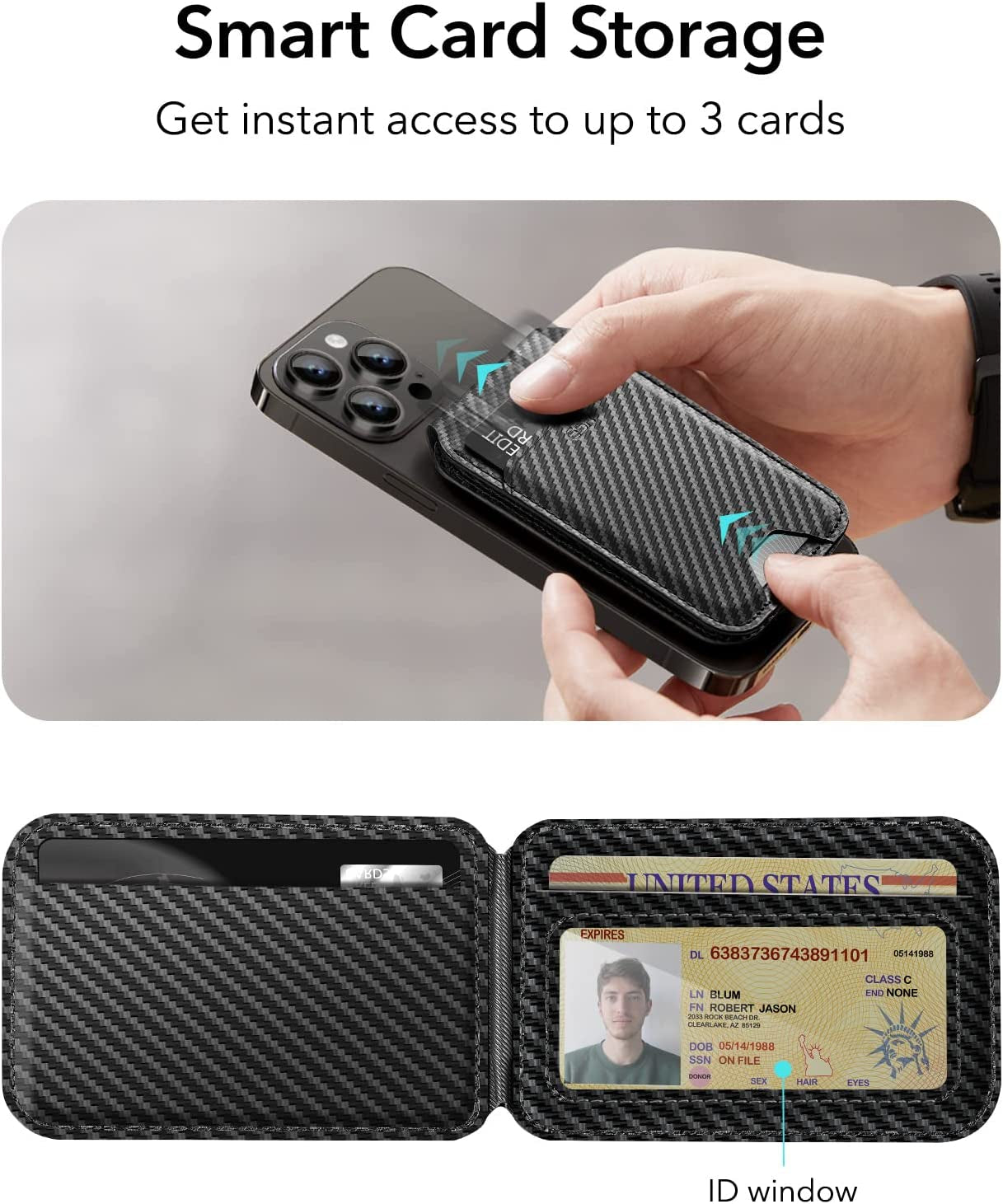 ESR Magsafe Wallet Stand (Halolock), Iphone Wallet with Adjustable Stand, Magnetic Wallet for Iphone 14/13/12 Series, Not for Iphone 13/12 Mini, 3 Card Holder, Vegan Leather, Black Carbon Fiber  Electronic Silk Road Corp   