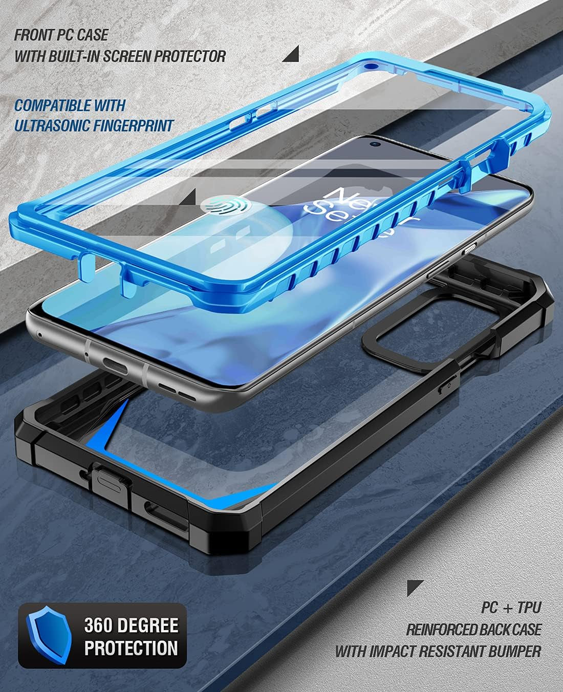 Poetic Guardian Case Designed for Oneplus 9 Pro 5G, Built-In Screen Protector Work with Fingerprint ID, Full Body Hybrid Shockproof Bumper Cover Case, Blue/Clear  Poetic   