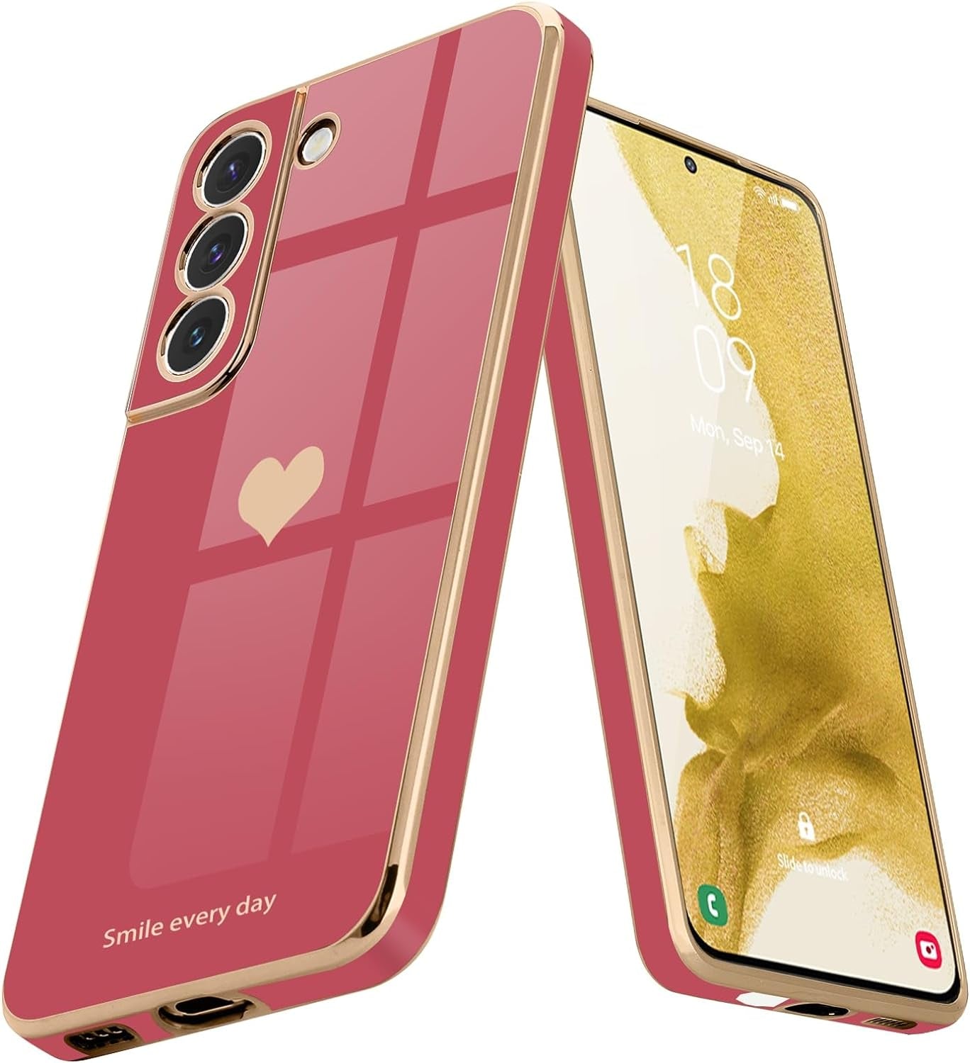 Teageo for Samsung Galaxy S22 5G Case for Women Girl Cute Love-Heart Luxury Bling Soft Back Cover Raised Full Camera Protection Bumper Silicone Shockproof Phone Case for Galaxy S22 5G, Bright Blush  janzee   