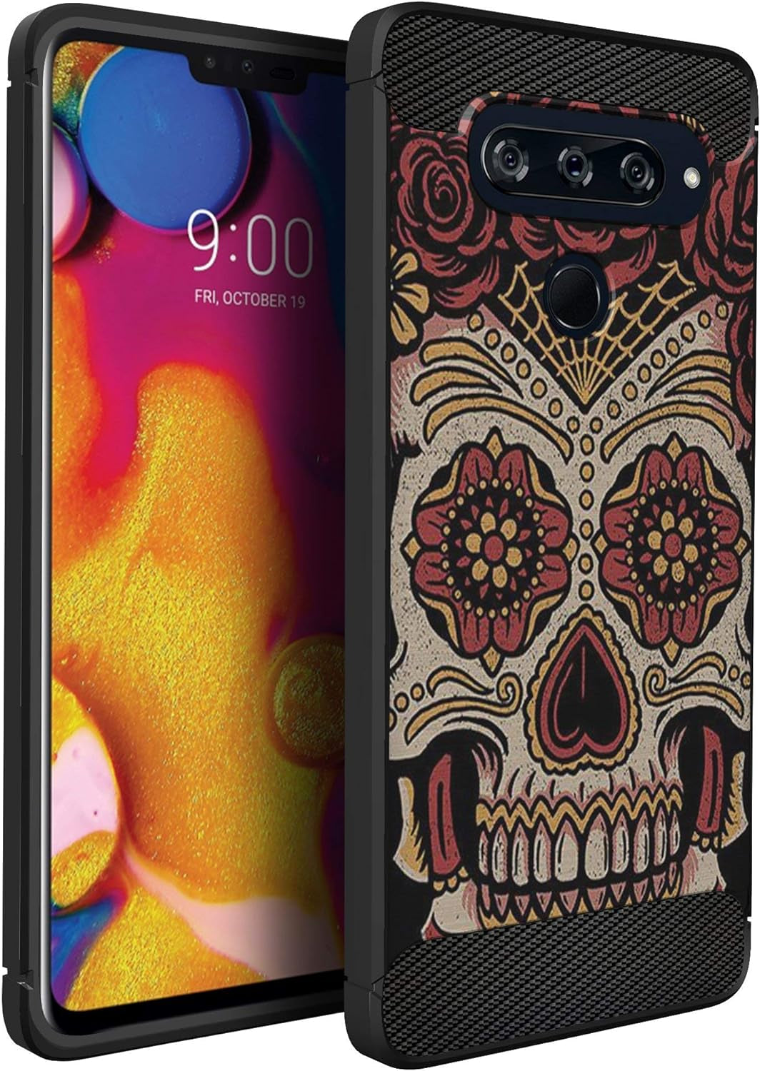 Casesondeck Slim Case Compatible with [LG V40 Thinq] Thin Scratch Preventing TPU, Matte Finish Carbon Fiber Texture Edges (Flower Skull)  CasesonDeck Sugar Skull  