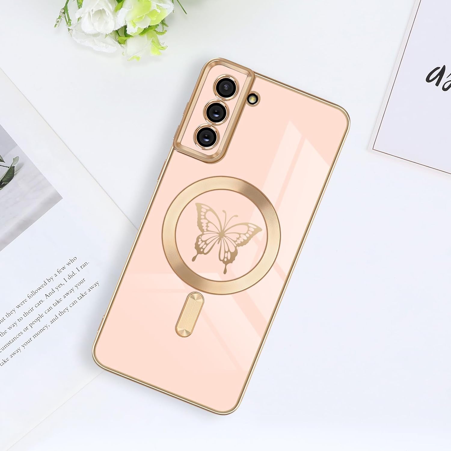 Newseego for Samsung Galaxy S21 plus 5G Magnetic Case, Cute Butterfly Plating Edge Case with Magsafe for Women Girls Men Soft TPU Bumper Shockproof Protective Cover for Samsung Galaxy S21 Plus-Pink  Newseego   