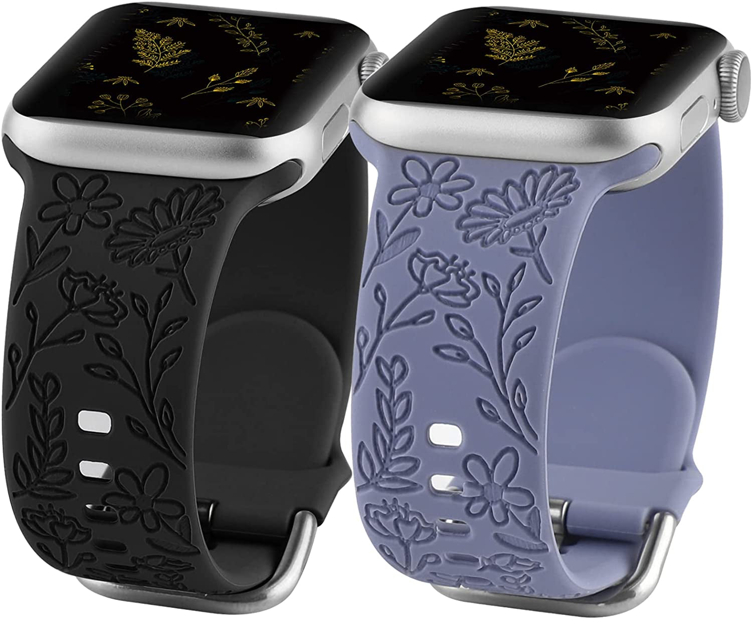2 Pack Flower Engraved Sport Strap Compatible with Apple Watch Bands 38Mm 40Mm 41Mm, Women Floral Laser Soft Silicone Wristband Replacement Iwatch Series 8 7 6 5 4 3 2 1 SE  TERKOWQI Black Blue 38/40/41mm 