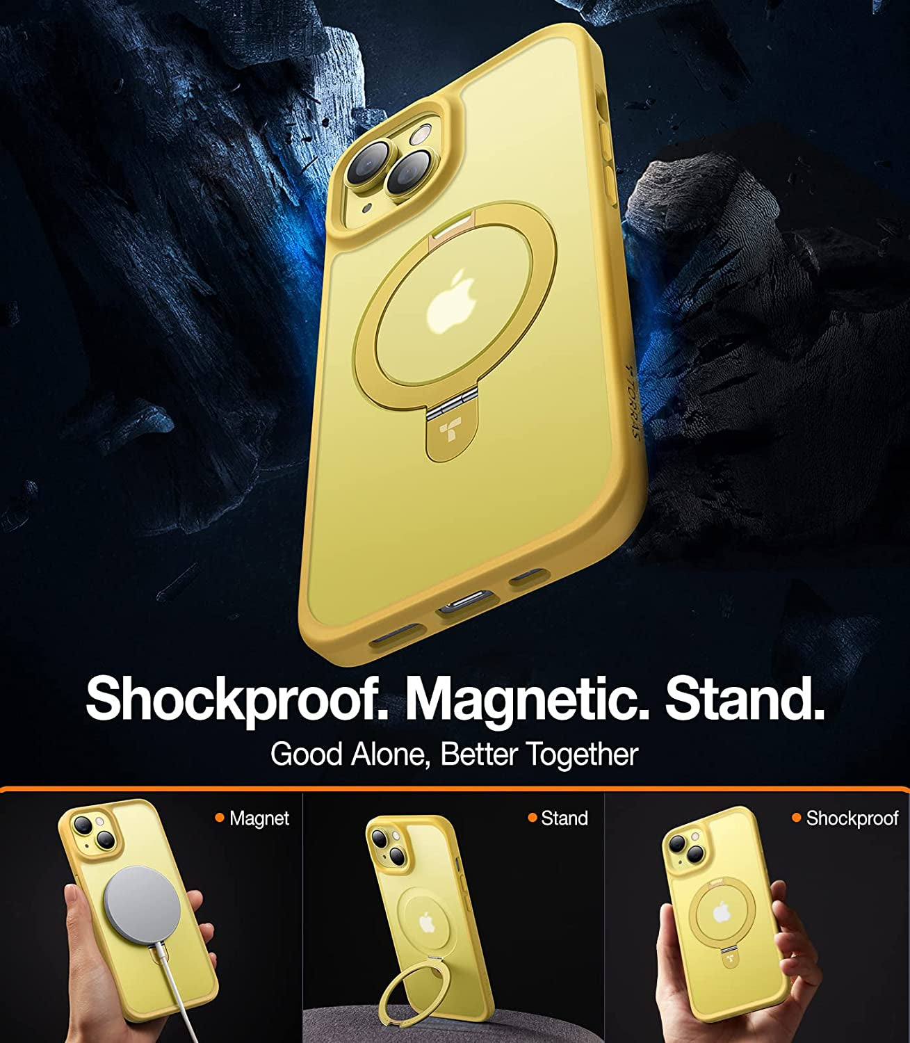 TORRAS Magnetic UPRO Ostand for Iphone 14 Case/Iphone 13 Case 6.1 Inch, Compatible with Magsafe Matte Hard Back with Soft Silicone Edge Protective yet Slim Kickstand Phone Cases for Iphone 14, Yellow  TORRAS   