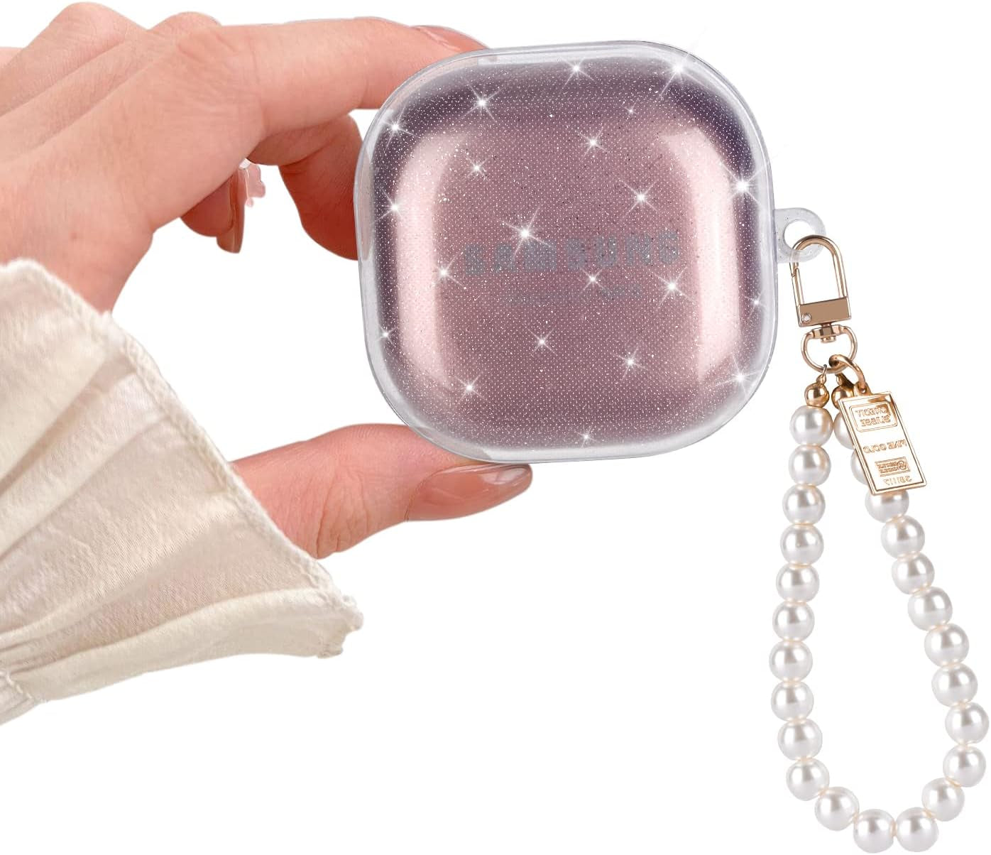 Cute Sparkle Case for Samsung Galaxy Buds 2 Pro(2022)/Galaxy Buds Pro/Buds 2/Buds Live with White Pearl Wrist Keychain for Women Girls Kids Clear Bling Glitter Protective Soft Silicone Cover  DiyGody   