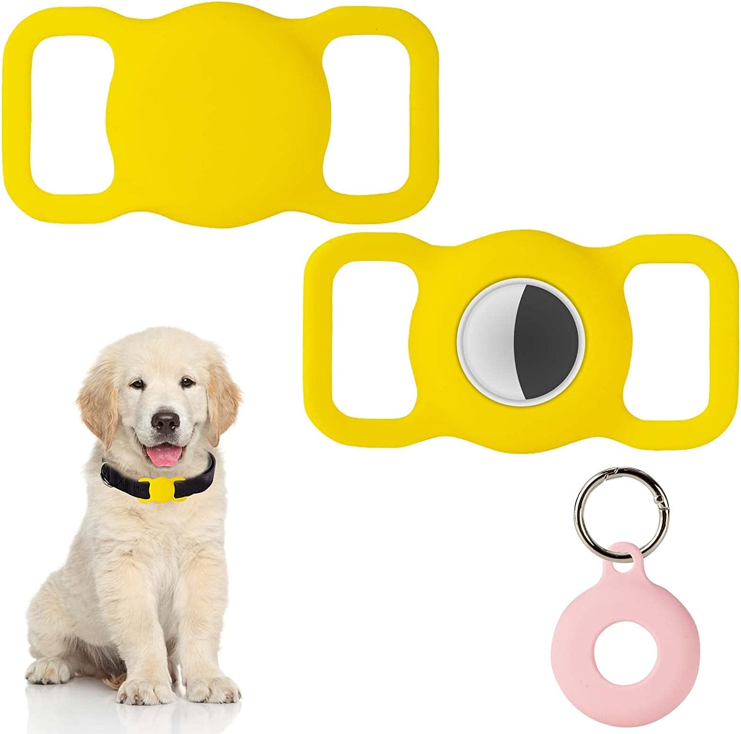 Puppydoggy 2 Pack Airtag Holder for Collar, Dog Cat Tracker Case, Silicone Airtag Case Waterproof, Scratch-Resistant, Anti-Lost & 1 Pack Airtag Keychain Holder for Bag, Suitcase (Small, Yellow)  Demao Yellow Large 