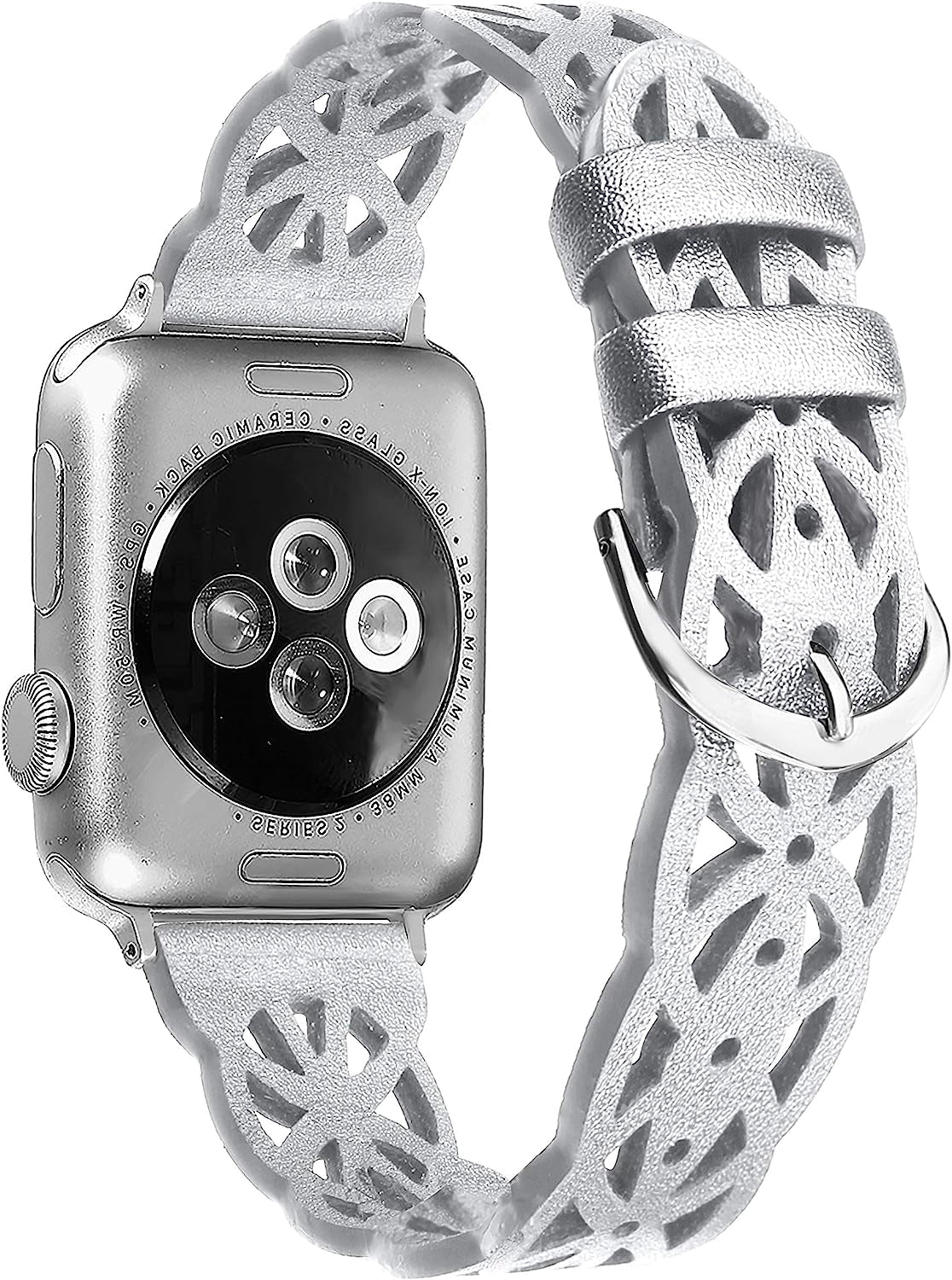 Secbolt Hollowed-Out Leather Band Compatible with Apple Watch 38Mm 40Mm 41Mm 42Mm 44Mm 45Mm Iwatch Series 8/7/6/SE/5/4/3/2/1, Elegant Top-Grain Leather Wristband Strap Accessories for Women  Secbolt Silver 38mm/40mm/41mm 