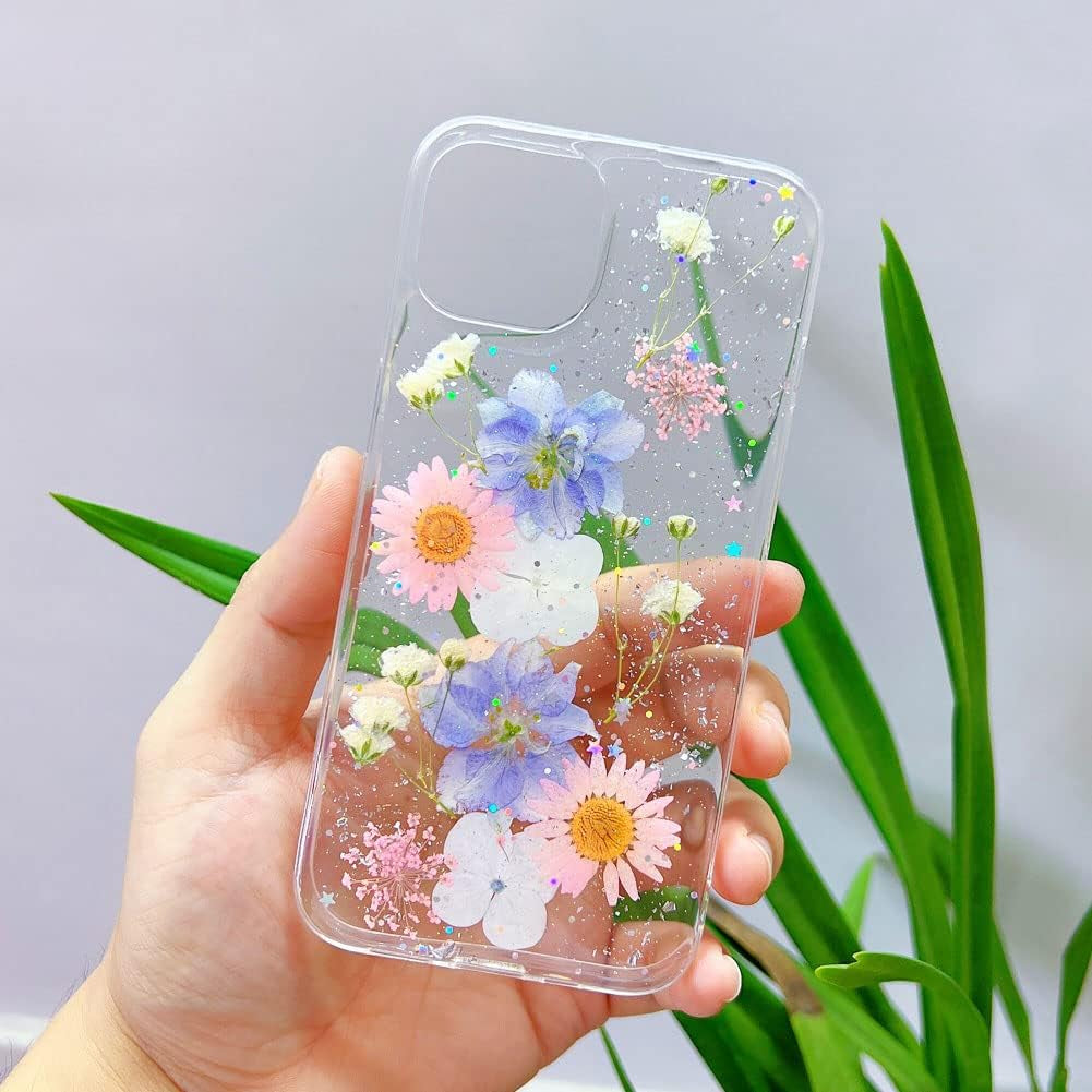 Abbery Designed for Iphone 13 Pressed Flower Case, Cute Clear with Design Soft Silicone Rubber Dried Real Flowers Floral Aesthetic Case for Iphone 13 6.1 Inch (Glitter Blue)  Abbery   
