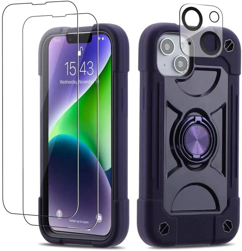 Cookiver for Iphone 14 Case/Iphone 13 Case 6.1 Inch with Ring Stand, with 2 Pack Glass Screen Protector + 1 Pack Camera Lens Protector,Heavy-Duty Shockproof Military Grade Rugged Cover (Felicia Blue)  Cookiver Deep Purple  