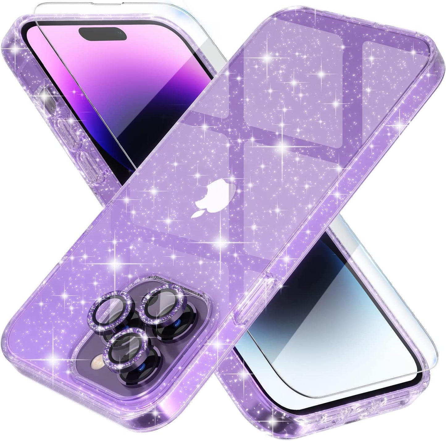 Choiche Compatible for Iphone 14 plus Case Cute, Women Clear Glitter Bling Sparkly Case, [2 X Diamond Camera Lens Protectors] [2 X Tempered Glass Screen Protectors] 6.7-Inch (Glitter Black)  Choiche Glitter Purple Iphone 14 Pro Max 