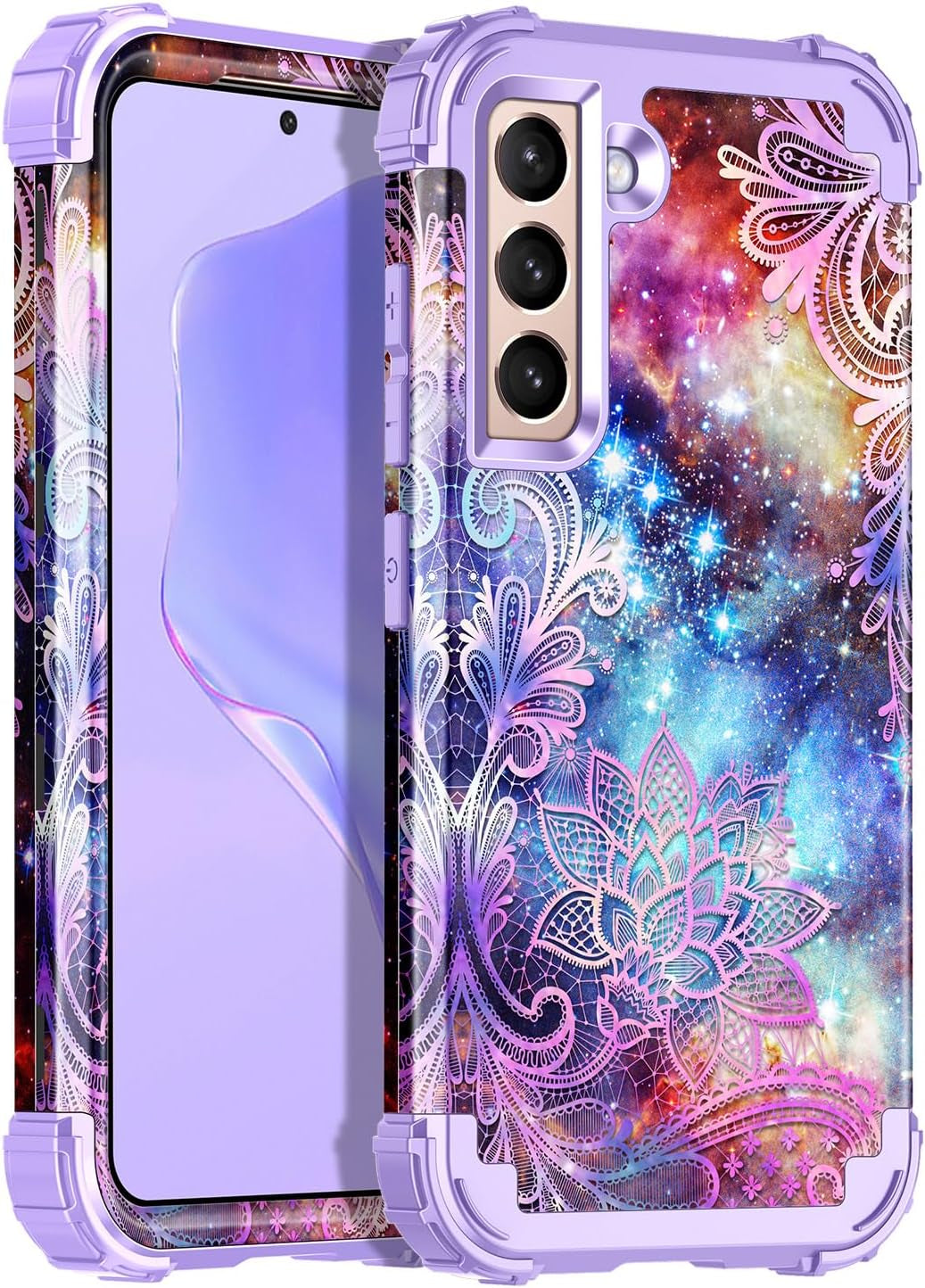 Casetego for Galaxy S21 5G Case,Floral Three Layer Heavy Duty Sturdy Shockproof Soft Tpu+Hard PC Protective Cover Case for Samsung Galaxy S21 5G 6.2 Inch,Orange/Black  Casetego Purple Mandala  