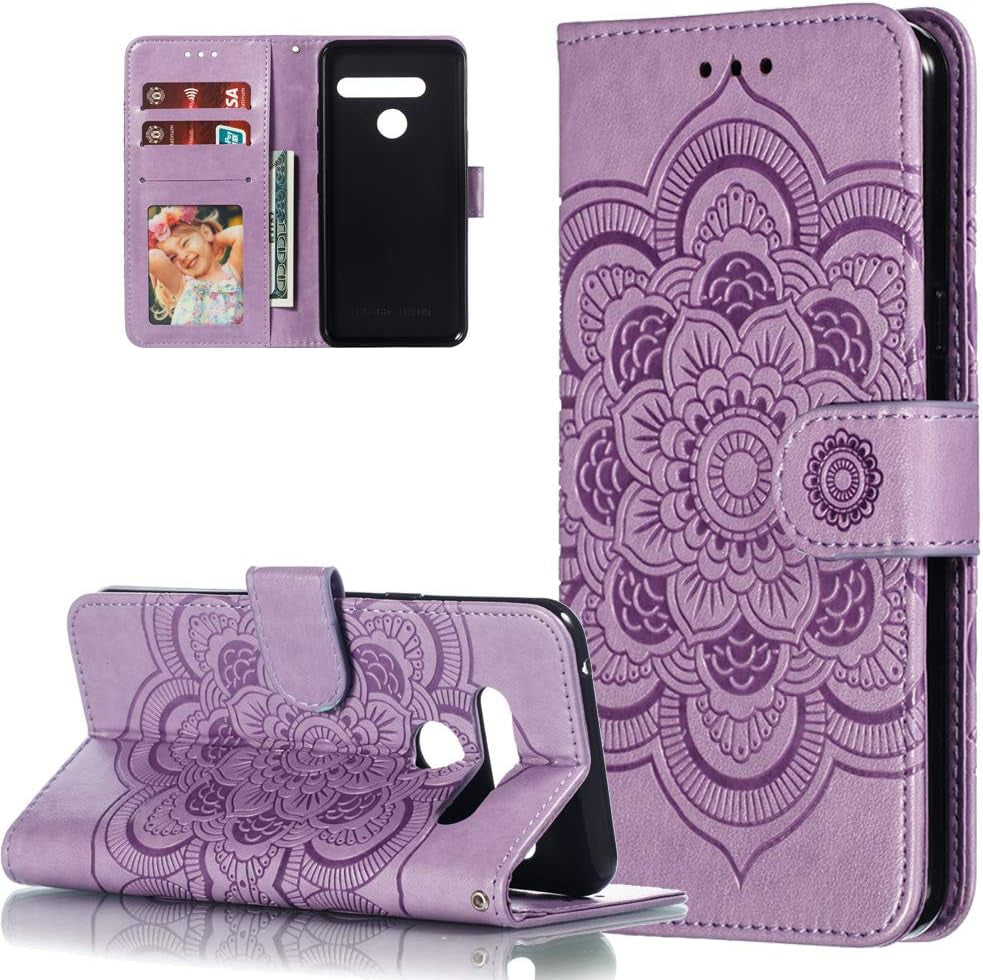 HMTECHUS LG G8 Thinq Case Embossing Durable Shell Card Slots Holder Luxury PU Leather Wallet Bookstyle Magnetic Stand Shockproof Protection Flip Cover for LG G8 / G8S / G8 Thinq Mandala Gray LD  HMTECHUS Ld] Mandala:Purple  