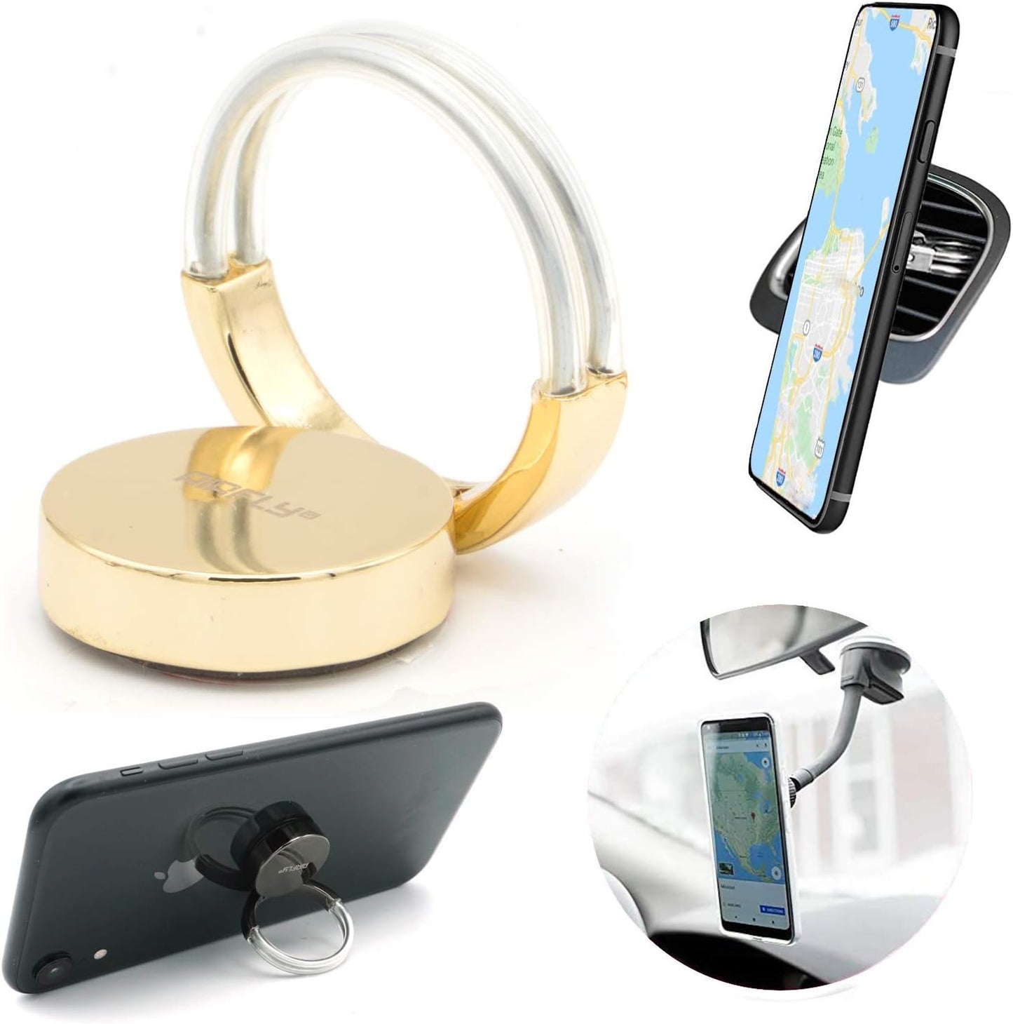 Airfly Phone Finger Ring Holder, 4 in 1, Universal Metal Phone Ring, Table Stand Kickstand, Car Vent Mount, Finger Grip Compatible All Smartphones, Black  AirFly SF Gold Ring  