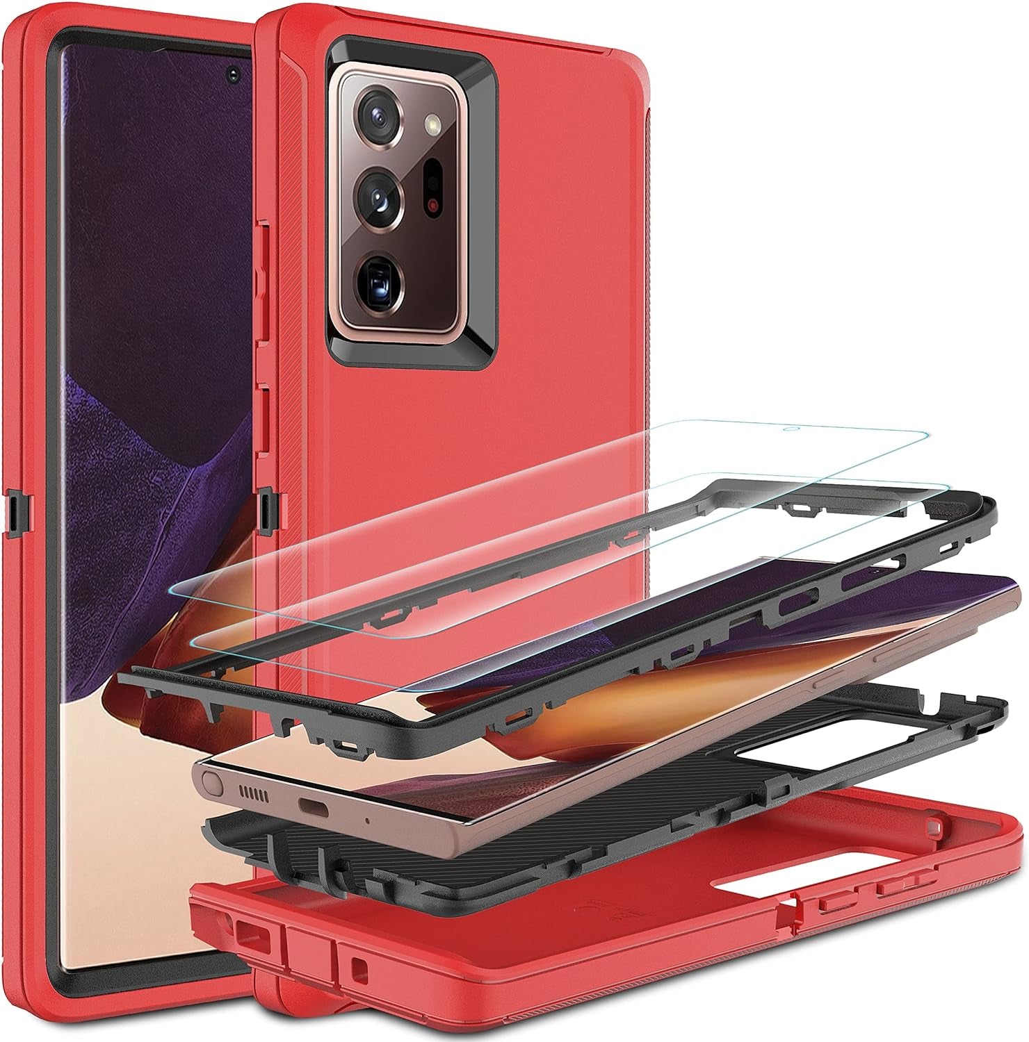 HONG-AMY for Note 20 Ultra Case, Galaxy Note 20 Ultra Case with Self Healing Flexible TPU Screen Protector [2 Pack], 3 in 1 Heavy Duty Protection Case for Samsung Note 20 Ultra 5G(Black/Grey)  HONG-AMY Red/Black  