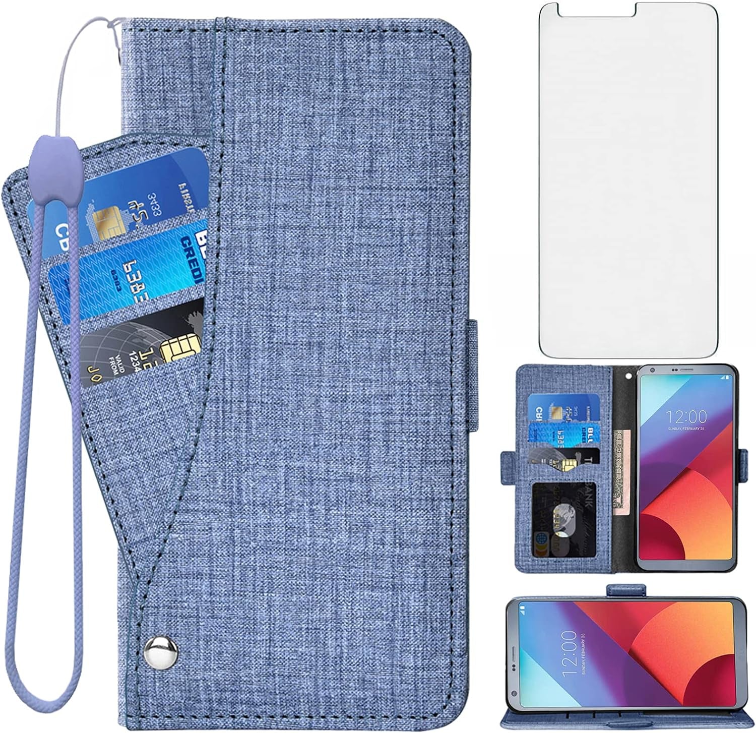 Asuwish Compatible with LG G6 Wallet Case Tempered Glass Screen Protector and Leather Flip Cover Card Holder Stand Cell Phone Cases for LGG6 Thinq LG6 Thin Q G 6 plus G6+ 6G VS988 H872 Women Men Gray  NSS Blue  