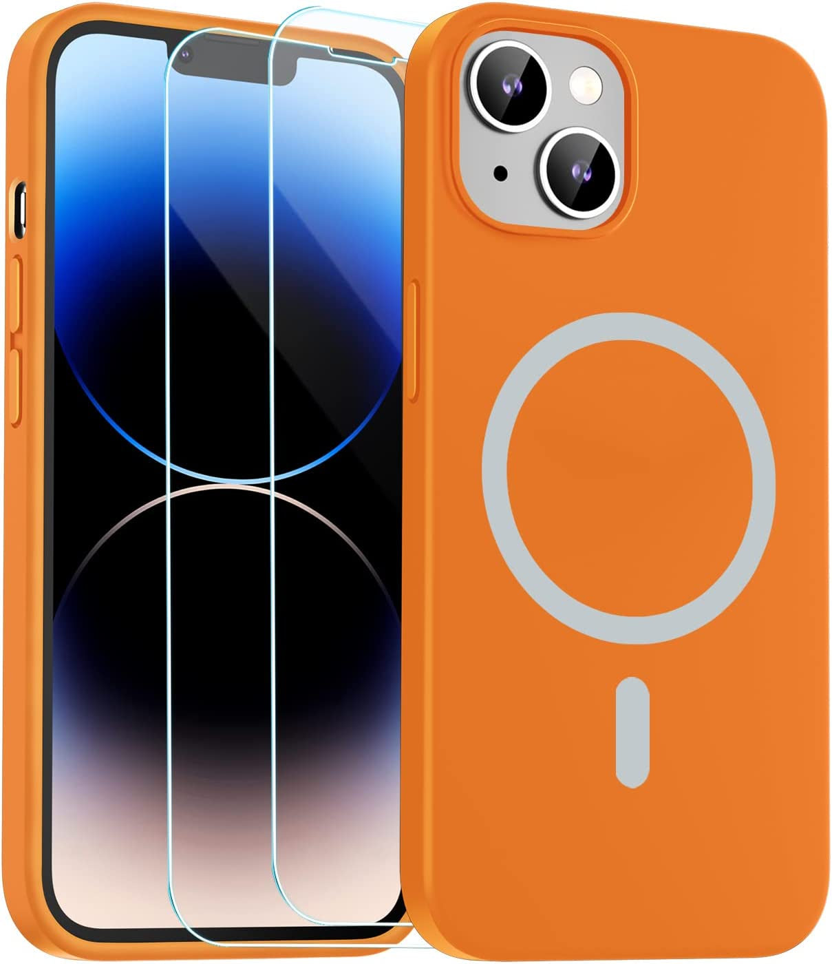 Zapica Liquid Silicone Magnetic for Iphone 14 Case, [Compatible with Magsafe] [With 2 Pack Glass Screen Protector] Anti-Scratch, Shockproof, Slim Soft Phone Case for Iphone 14, 6.1 Inch (Black)  zapica Orange  