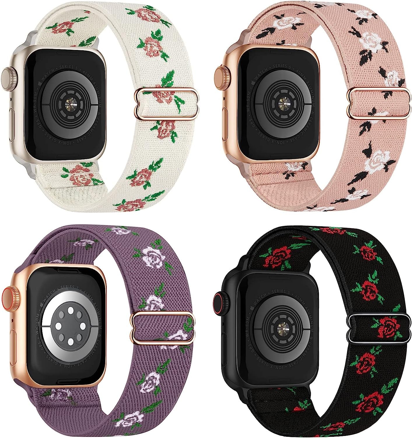 Stretchy Nylon Solo Loop Compatible with Apple Watch Band 38Mm 40Mm 41Mm 42Mm 44Mm 45Mm 49Mm Series 8/7/6/5/4/3/2/1/Se/Ultra  CCnutri 4Packs with Flowers 42mm/44mm/45mm/49mm 