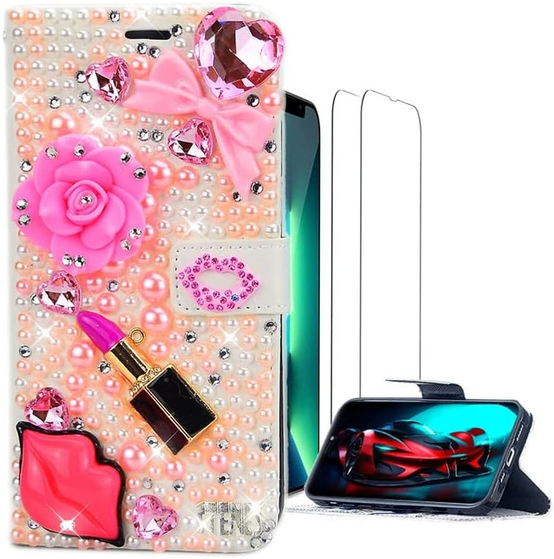 Luziun Glitter Phone Case Compatible with Samsung Galaxy Note 20 Ultra 5G - 3D Luxury Girls Women Shiny Bling Design for Samsung Galaxy Note 20 Ultra 5G  LUZiUN Pink Lipstick Lips Flower - Wallet Case Design For Samsung Galaxy S20 Ultra 5G 