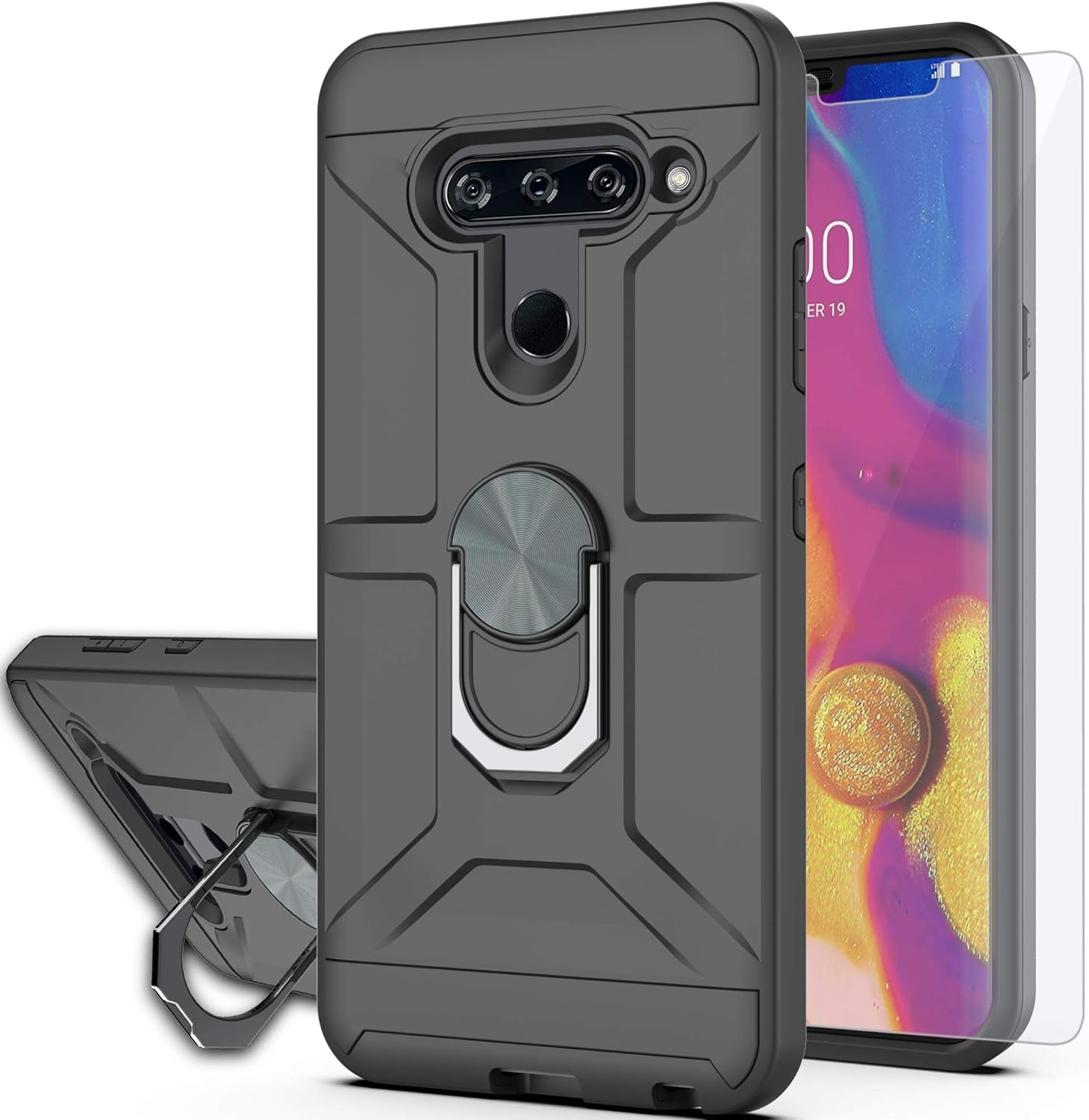 Ymhxcy Phone Case Compatible with LG V40/V40 Thinq Case with HD Screen Protector,360 Degree Rotating Ring Kickstand Holder Dual Layers of Shockproof Phone Case for LG V40-ZS Mint  YmhxcY Zs-Black  