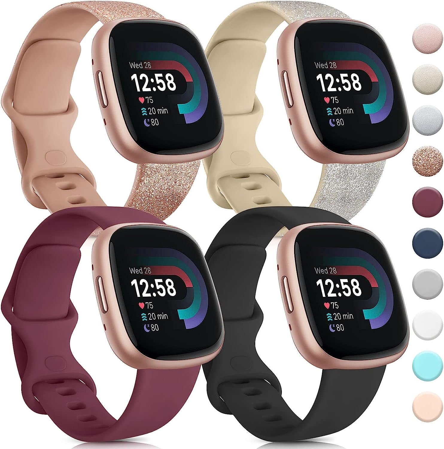 4 PACK Bands Compatible with Fitbit Sense 2 / Sense Bands/ Fitbit Versa 4/ Versa 3 Bands Women Men, Classic Soft Silicone Straps for Fitbit Sense 2 / Sense / Versa 4 / Versa 3 Smart Watch  AK Glistening Rose Gold/Glistening Champagne Gold/Wine Red/Black Large 
