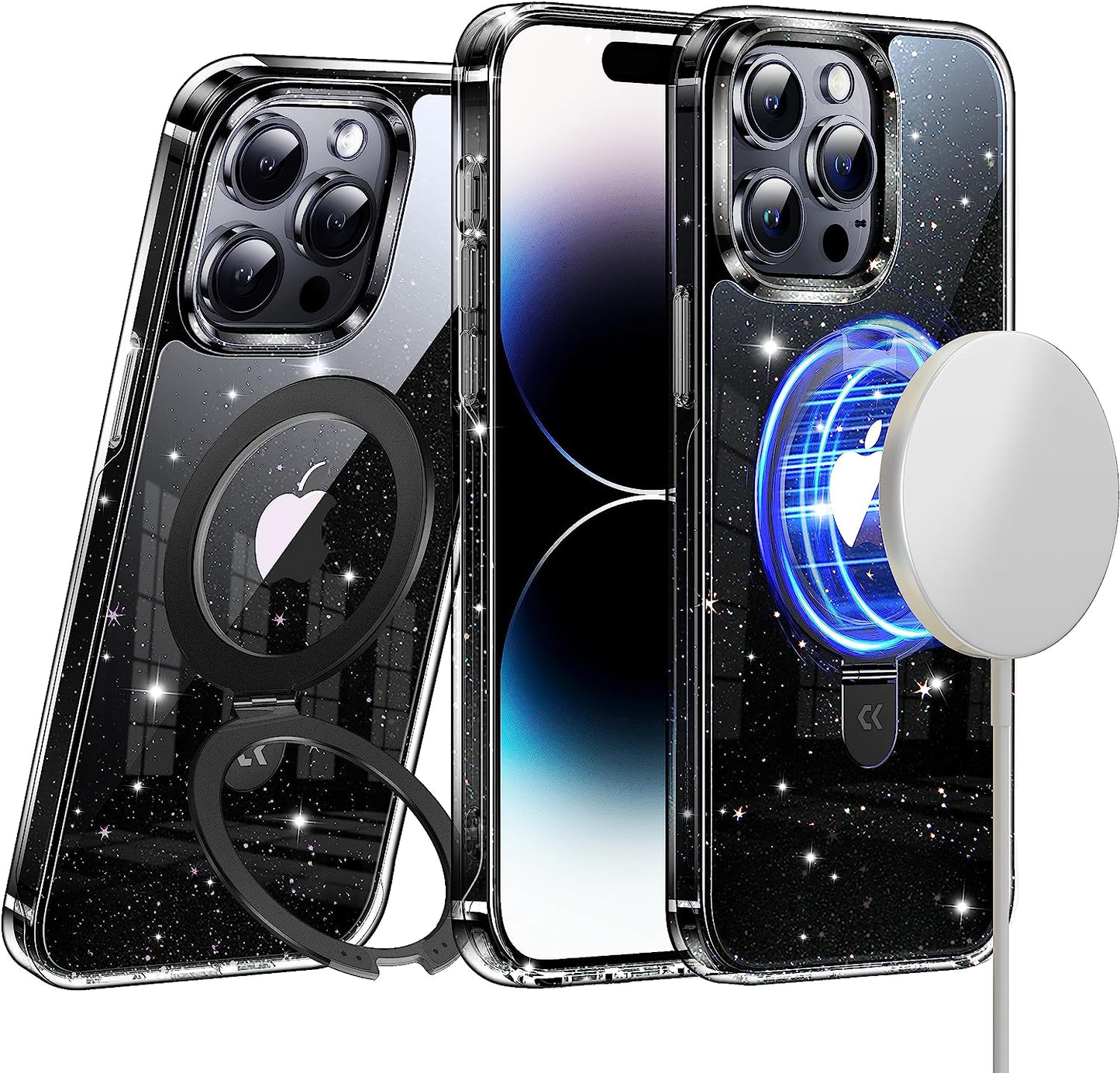 CASEKOO Glitter Clear Iphone 14 Pro Case, Magsafe Compatible, Invisible Stand, Non-Yellowing, Protective Bling Phone Cases 6.1 Inch  CASEKOO Glitter Black Iphone 14 Pro Max 