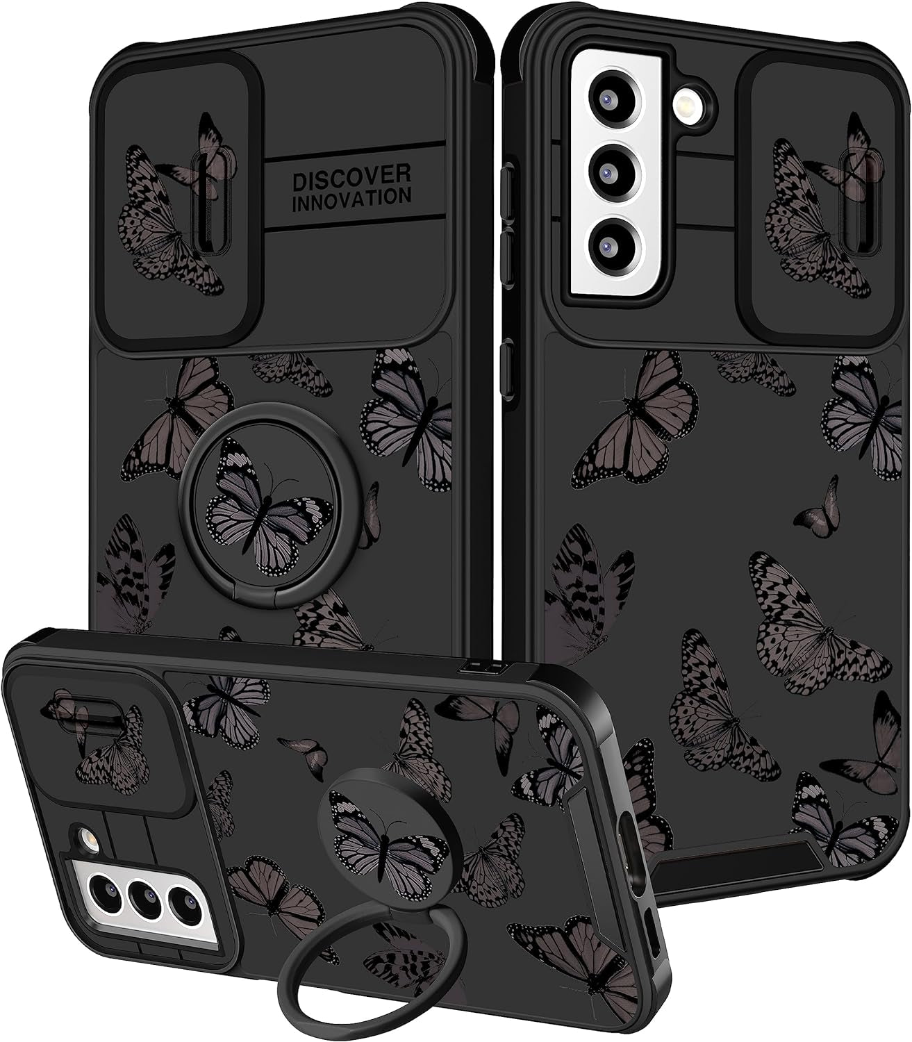 Funermei (2In1 for Samsung Galaxy S21 Case for Women Butterfly Cute Girls Phone Cover Girly Pretty Aesthetic Kawaii Black Butterfly Design with Camera Cover + Ring Stand Funda for Galaxy S21 5G Case  Funermei   
