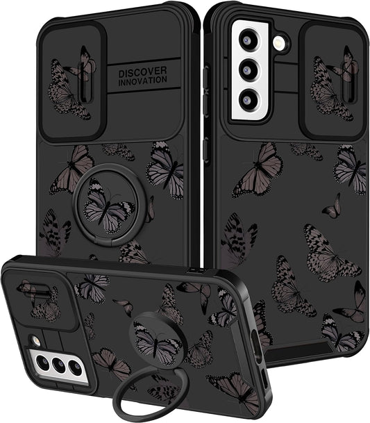 Funermei (2In1 for Samsung Galaxy S21 Case for Women Butterfly Cute Girls Phone Cover Girly Pretty Aesthetic Kawaii Black Butterfly Design with Camera Cover + Ring Stand Funda for Galaxy S21 5G Case  Funermei   