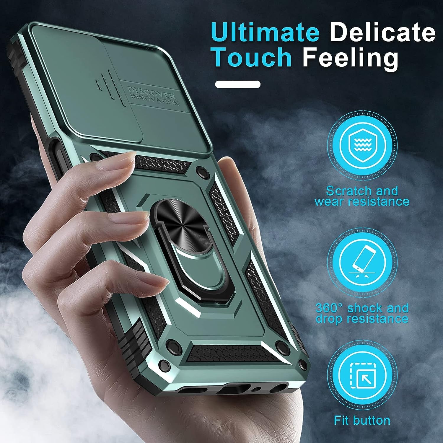 Oneplus Nord N300 5G Case Built in Slide Camera Lens Cover and Screen Protector,Heavy Duty Shockproof Full Body Protective Phone Cover,Built in Finger Ring Stable Holder Kickstand,2022 Dark Green  Janmitta   