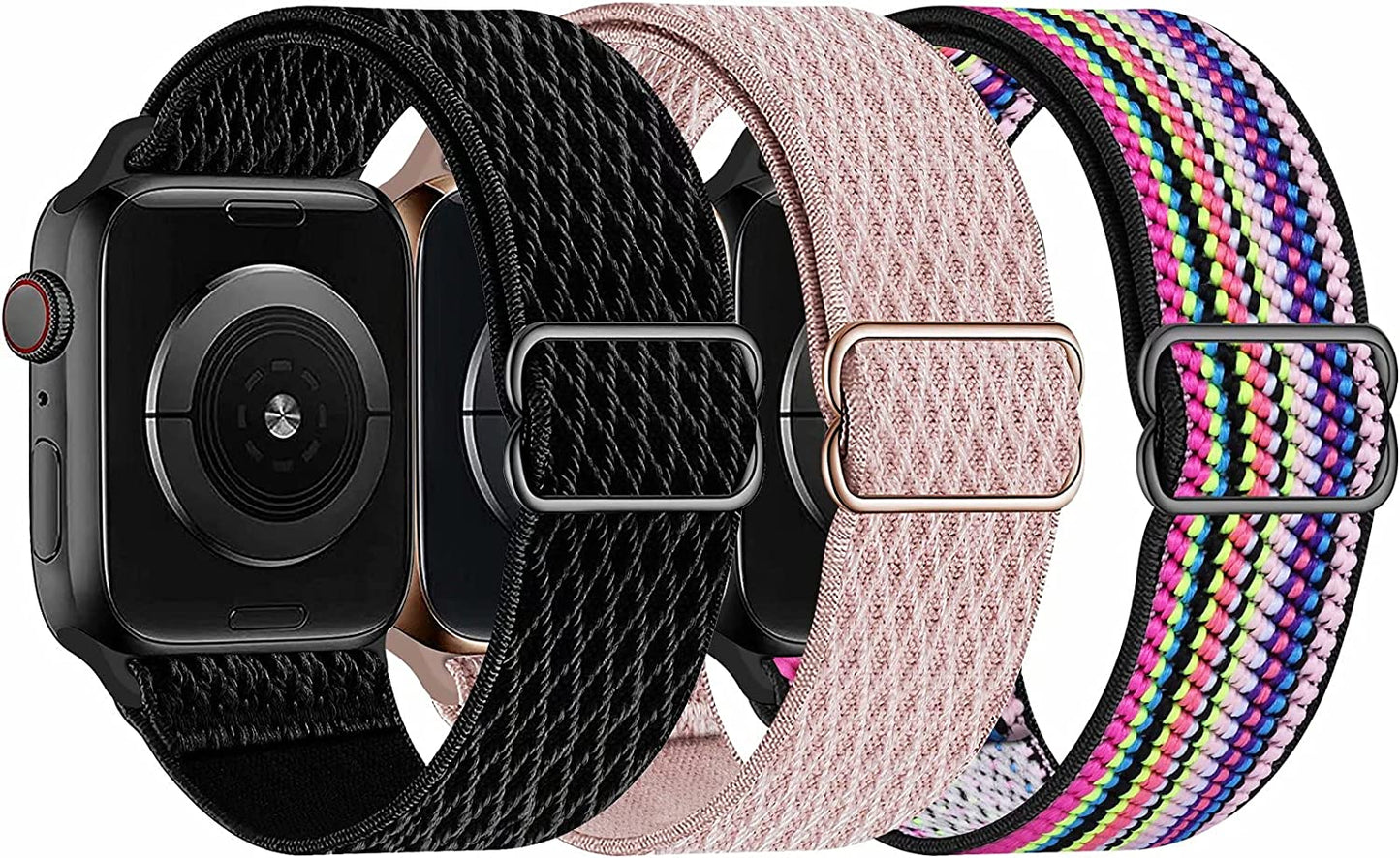 Swhatty Stretchy Nylon Solo Loop Bands Compatible with Apple Watch 41Mm 40Mm 38Mm, Adjustable Braided Sport Elastics Women Men Strap for Iwatch Series 8 7 6 5 4 3 2 1 SE (Black, Rose Pink, Cream)  Swhatty Black/Rose Pink/Pride 38mm/40mm/41mm 