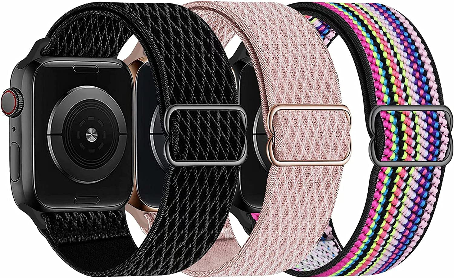 Swhatty Stretchy Nylon Solo Loop Bands Compatible with Apple Watch 41Mm 40Mm 38Mm, Adjustable Braided Sport Elastics Women Men Strap for Iwatch Series 8 7 6 5 4 3 2 1 SE (Black, Rose Pink, Cream)  Swhatty Black/Rose Pink/Pride 38mm/40mm/41mm 