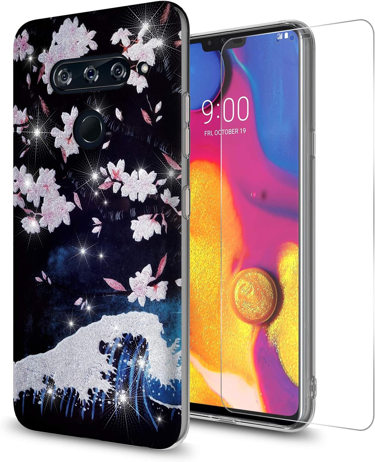 GORGCASE Phone Case Compatible for LG V40 THINQ 2018 Case, LG V40 CASE with Screen Protector,Slim PC Anti-Scratch Shock-Proof Cute Sparkle Bling Girls Women Protective Cover for LG V40 Black Flower  GORGCASE Cherry Blossoms  