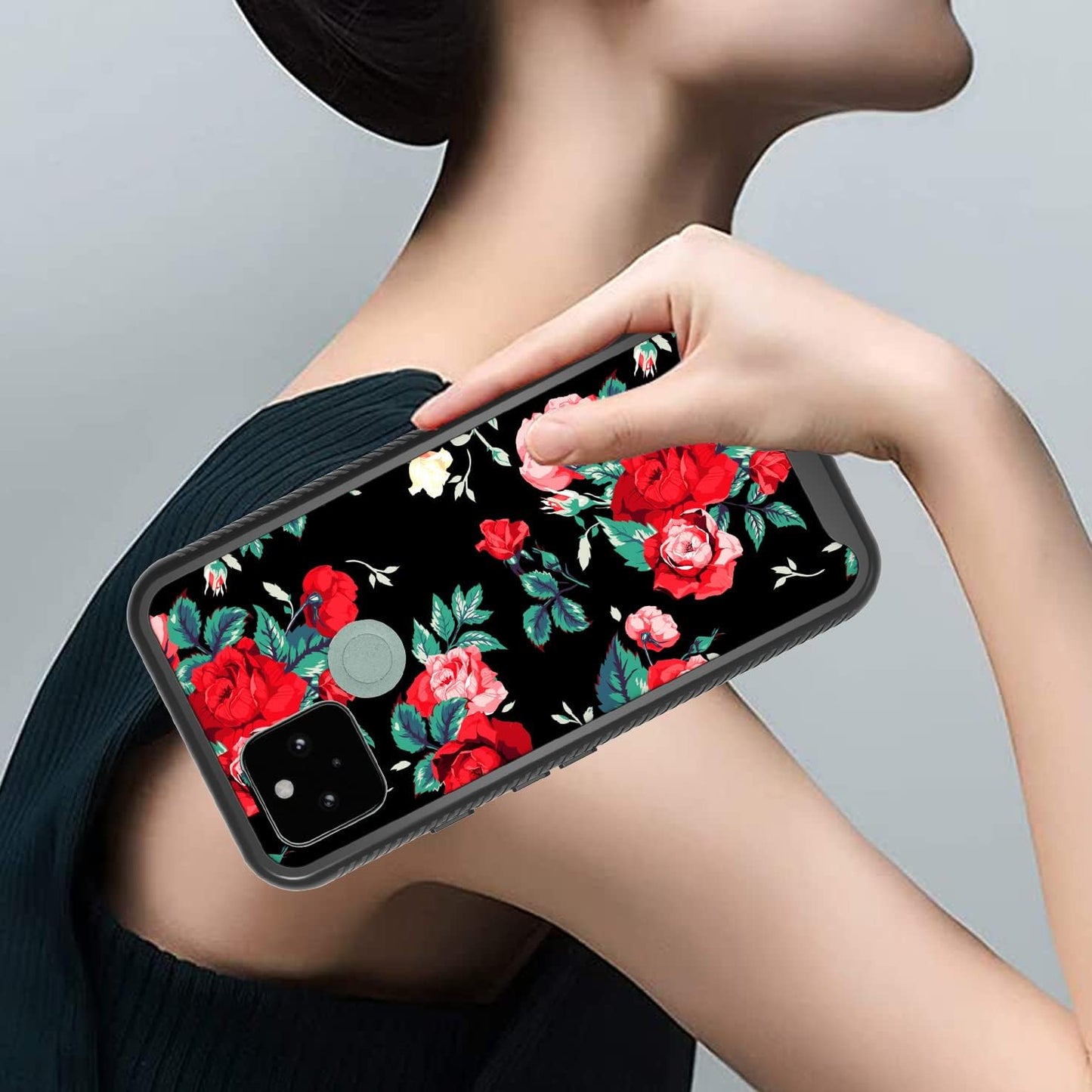 MGAH Pixel 5 Case with Roses Design,Google Pixel 5 Phone Case,Hybrid Triple Layer Armored Protective Cover Flexible Sturdy Anti-Scratch Shockproof Bumper Cute Case for Women and Girls-Flowers/Black  MGAH   