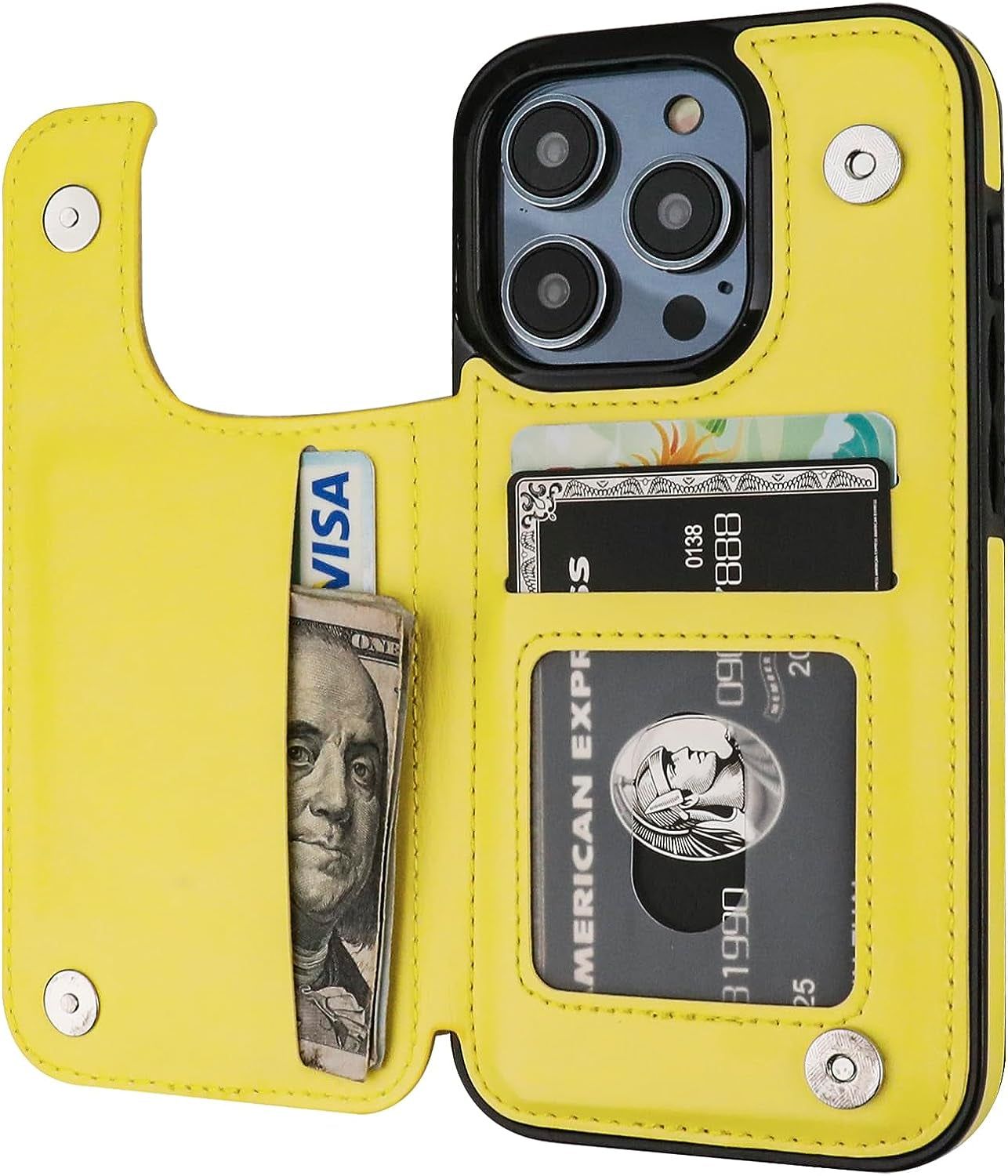 ONETOP Compatible with Iphone 14 Pro Wallet Case with Card Holder, PU Leather Kickstand Card Slots Case, Double Magnetic Clasp and Durable Shockproof Cover 6.1 Inch (Blue)  Onetop Yellow  
