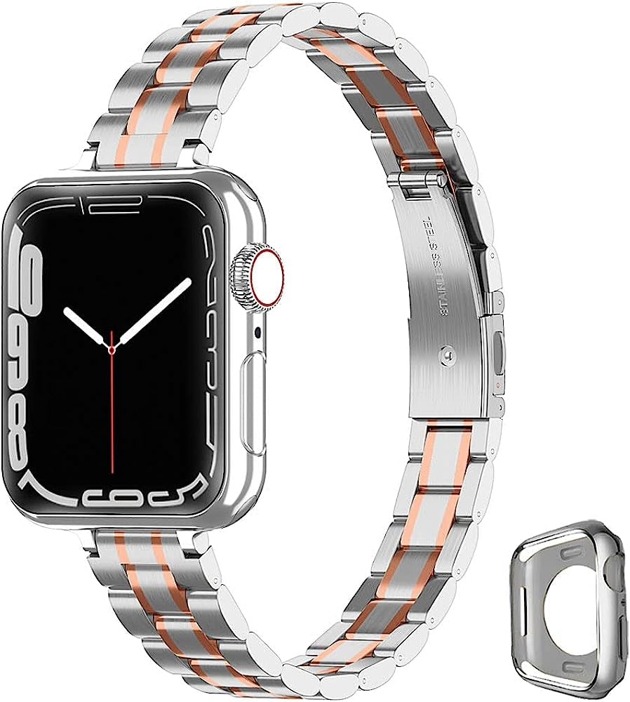CSJCUBIC Metal Band Compatible with Apple Watch Band 38Mm 40Mm 41Mm 42Mm 44Mm 45Mm for Women, Slim and Thin Stainless Steel Replacement Adjustable Wristband for Iwatch Series 8/7/6/5/4/3/2/1/SE  CSJCUBIC Rose Gold/Silver 42mm/44mm/45mm 