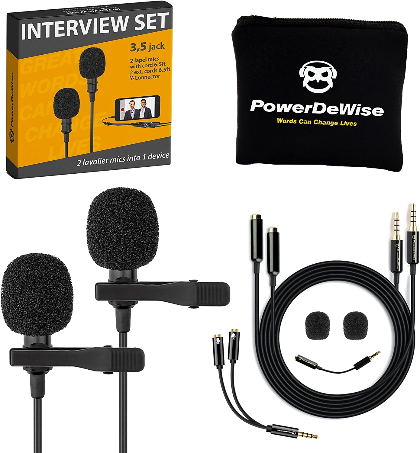 Powerdewise Professional Grade 2 Lavalier Clip-On Microphones Set for Dual Interview - Double Lav Lapel Microphone - Use for Iphone Phone Camera - Blogging Video Recording Noise Cancelling 3.5Mm Mic  PowerDeWise   
