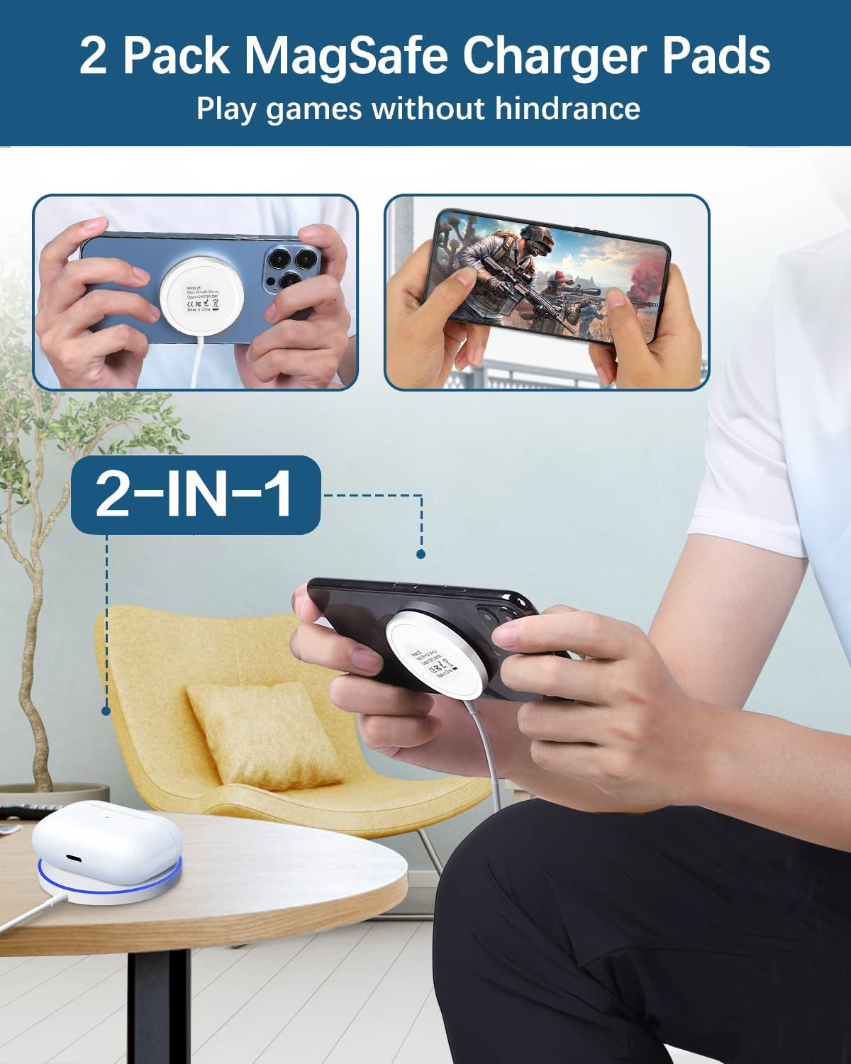 2 Pack Magnetic Wireless Charger Max 15W Fast Apple Mag-Safe Charger for Iphone 14/13/12 Pro/Max/Plus and Airpods 3/2/Pro Mag Safe Magnet Charging Pad with 5Ft Dual Charging Port Cable  Shenzhen USV Technology Co.,Ltd   