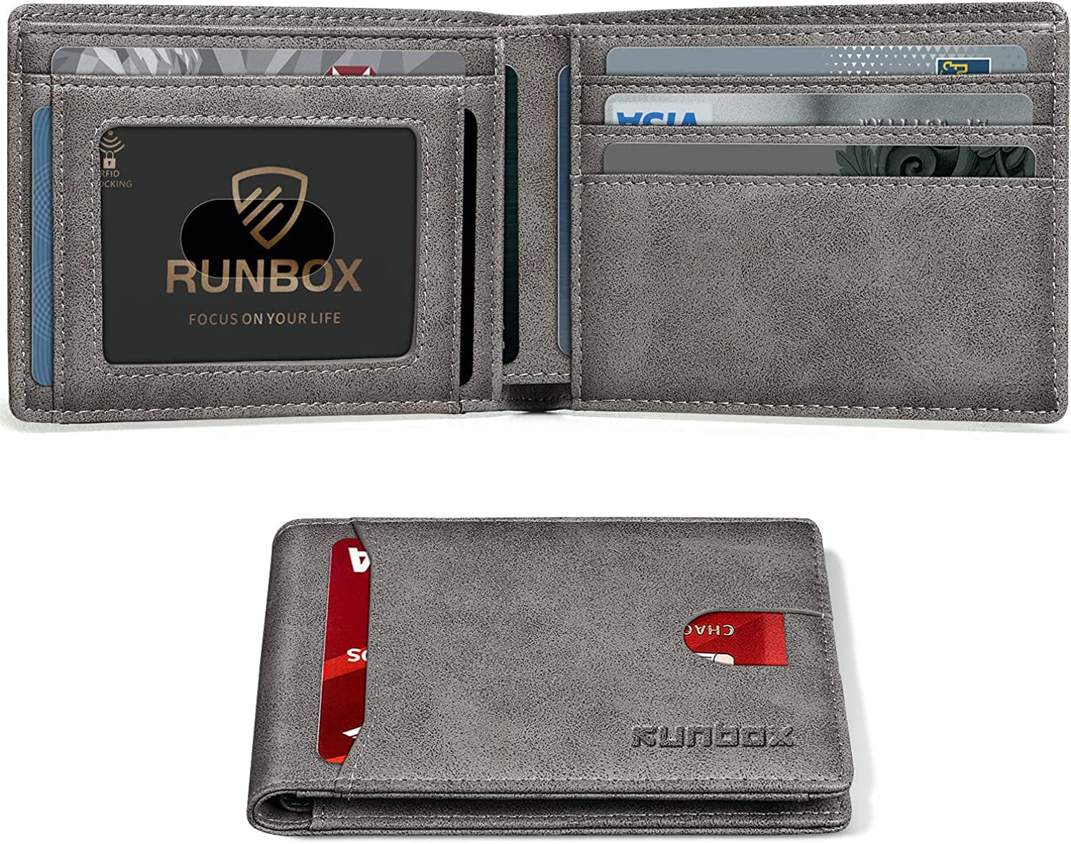 RUNBOX Bifold Slim Wallet for Men - Rfid Blocking Leather Front Pocket Men'S Wallet with Gift Box  RUNBOX oil gray  