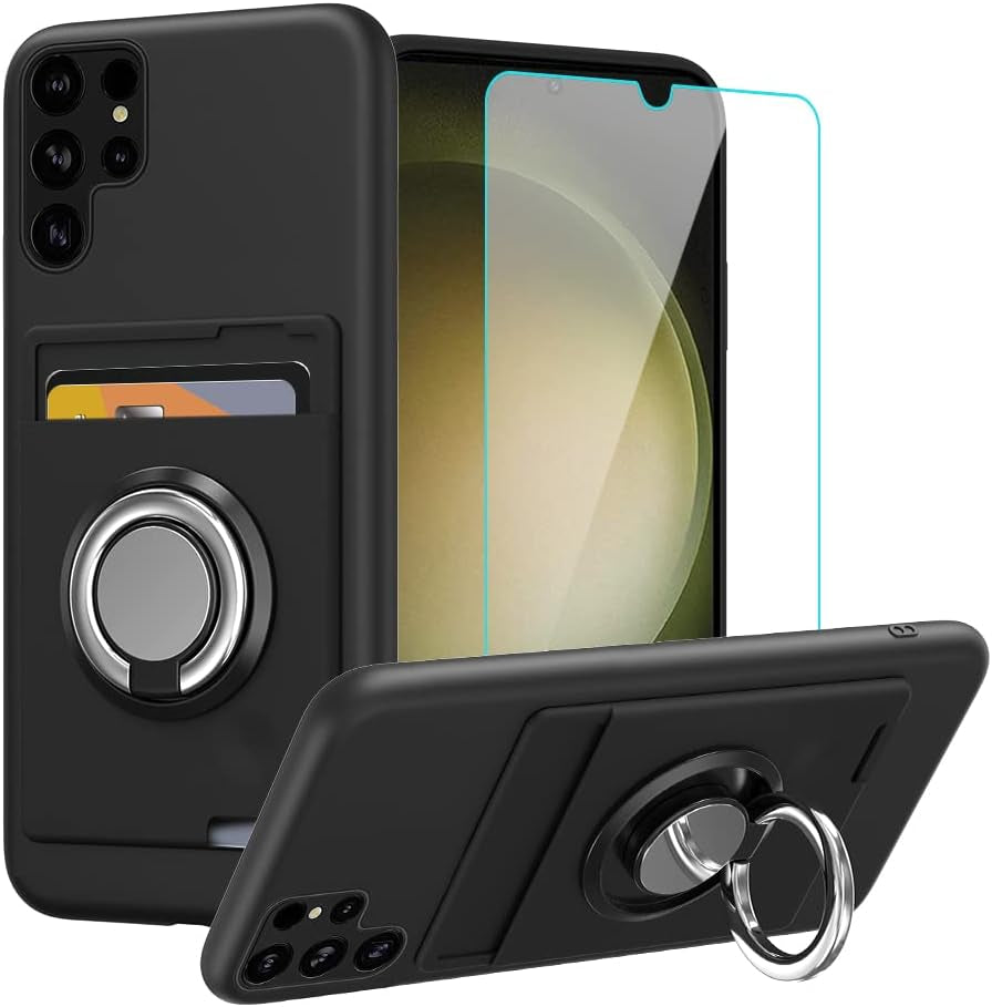 Anneey for Oneplus 11 5G Phone Case with Tempered Glass Screen Protector, Card Holder with Ring Stand Case for 1+ 11 5G Cover - Black  Anneey   