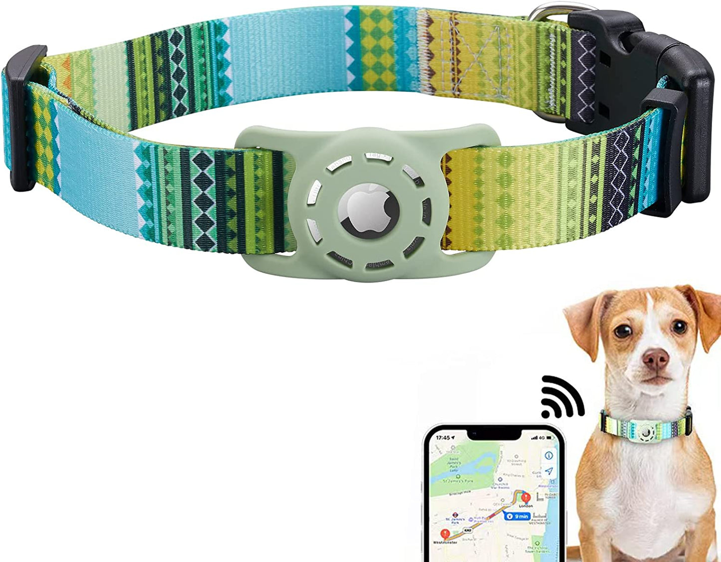 KONITY Reflective Airtag Dog Collar, Compatible with Apple Airtag, Nylon Pet Cat Puppy Collar with Silicone Airtag Holder for Small, Medium, Large, and Extra Large Dogs  Konity Bohemia Green S: 9.8"-15.7" neck 