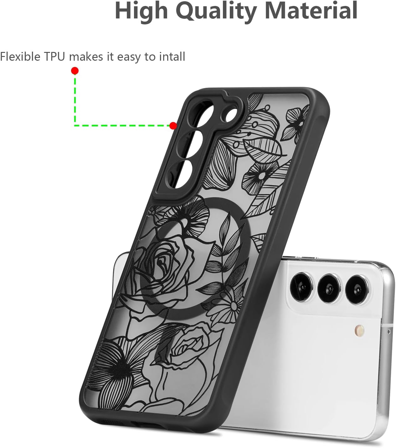 XIZYO Magnetic Case for Samsung Galaxy S22 plus Floral Rose Cute Phone Case [Compatible with Magsafe] for Women Girls Aesthetic Pattern Slim TPU Shockproof Bumper Case, Black  XIZYO   